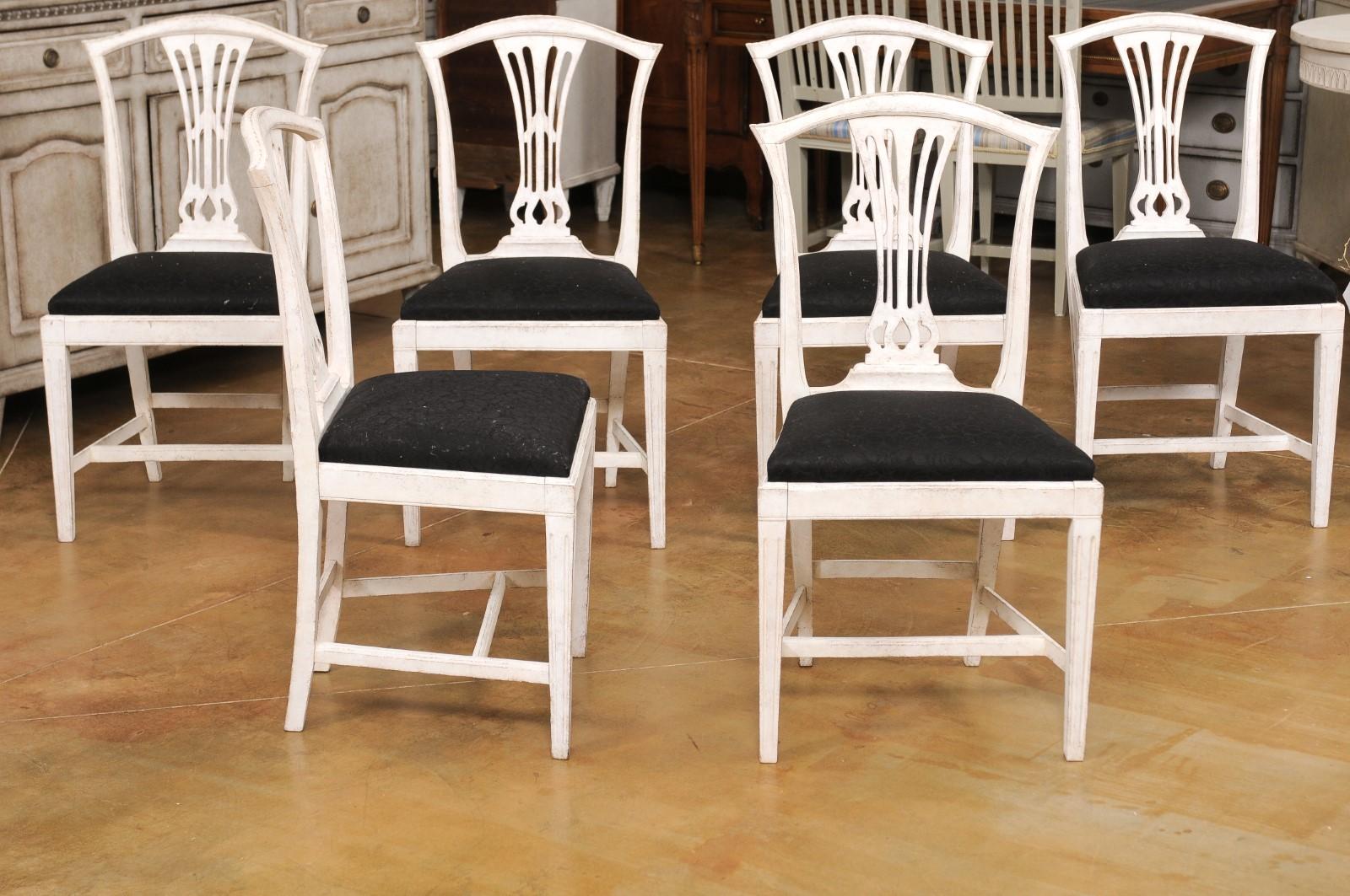 Upholstery Set of Six Swedish 1890s Painted Wood Dining Room Side Chairs with Black Fabric