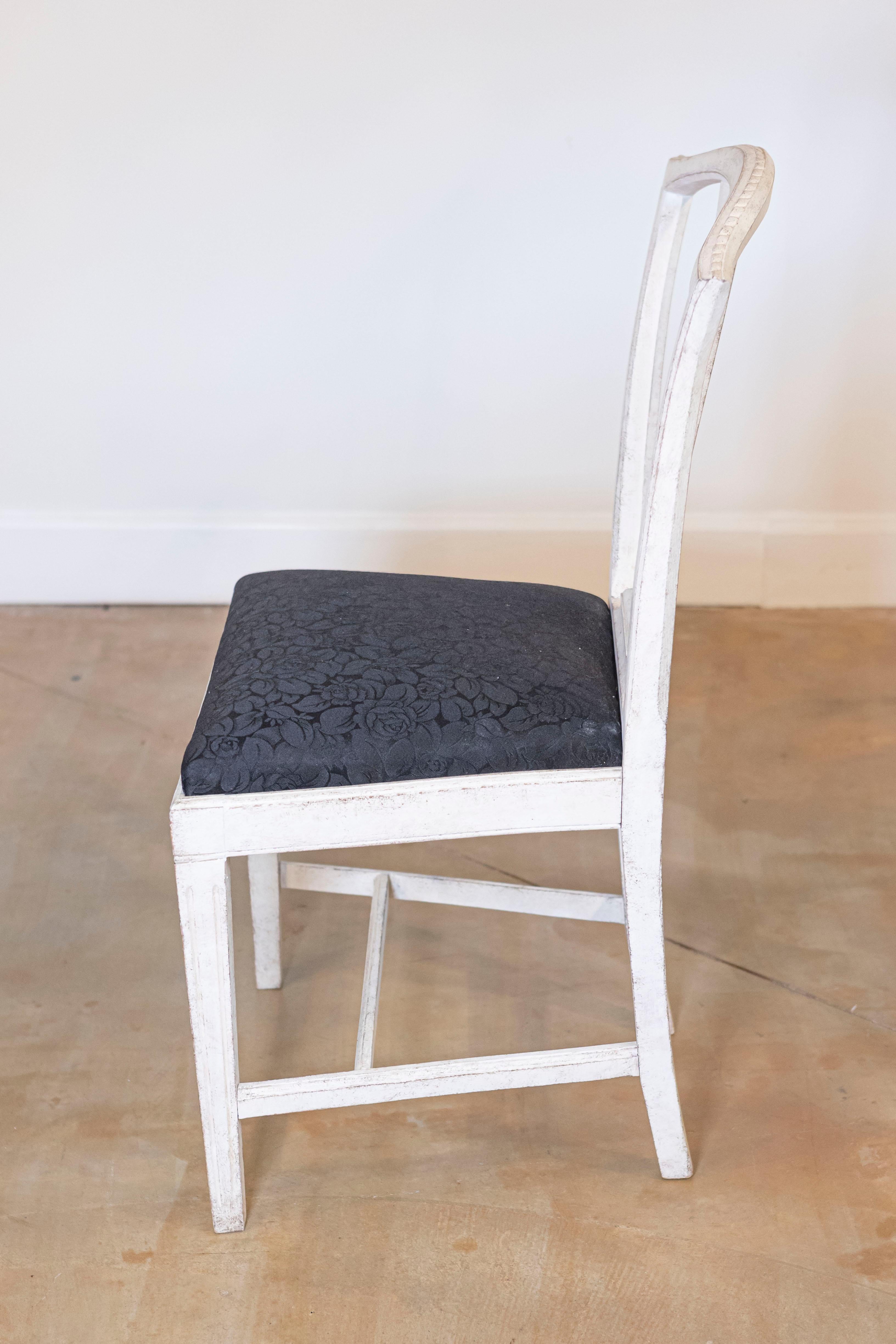 Upholstery Set of Six Swedish 1890s Painted Wood Dining Room Side Chairs with Black Fabric For Sale