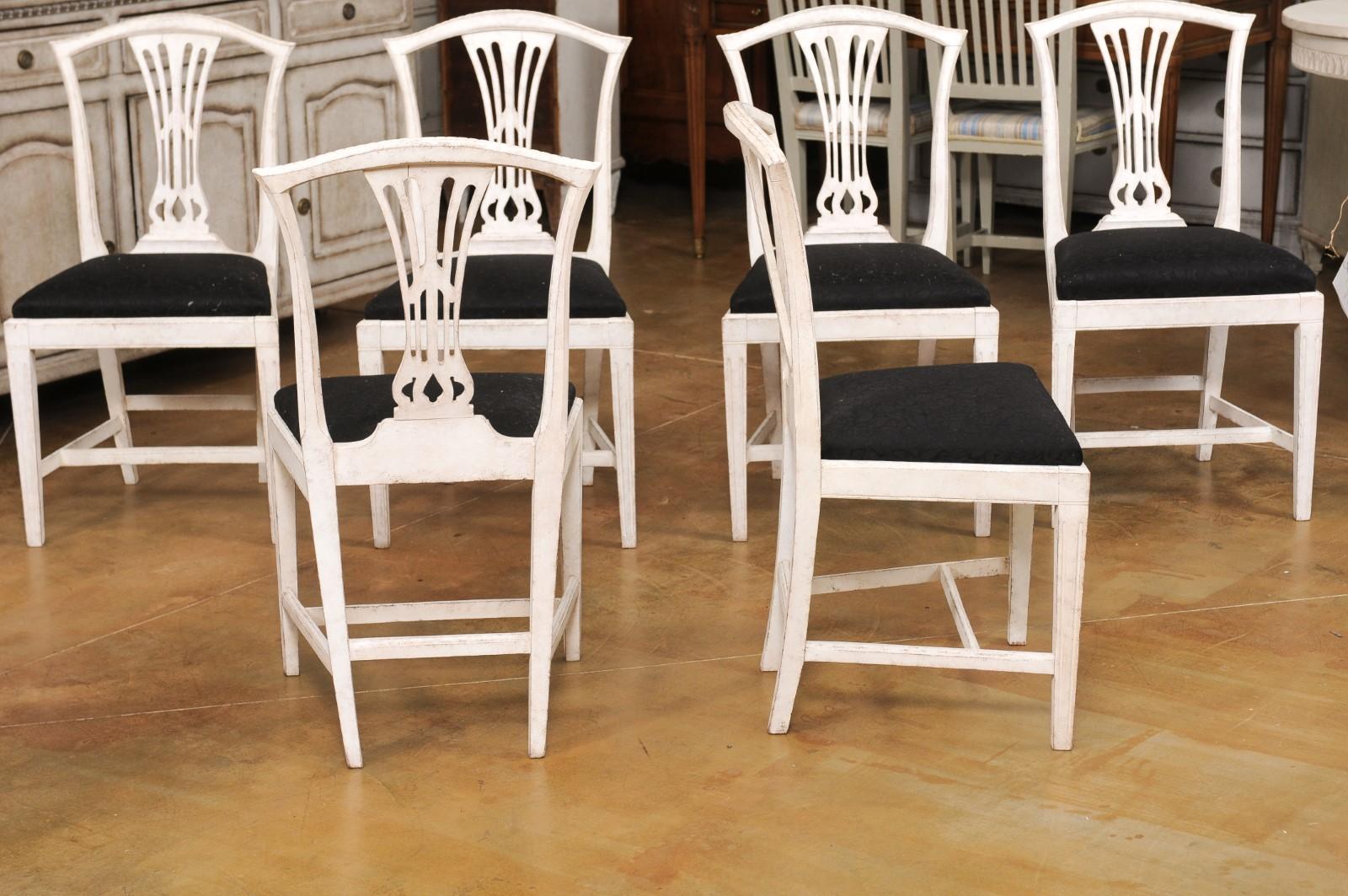 Set of Six Swedish 1890s Painted Wood Dining Room Side Chairs with Black Fabric For Sale 1