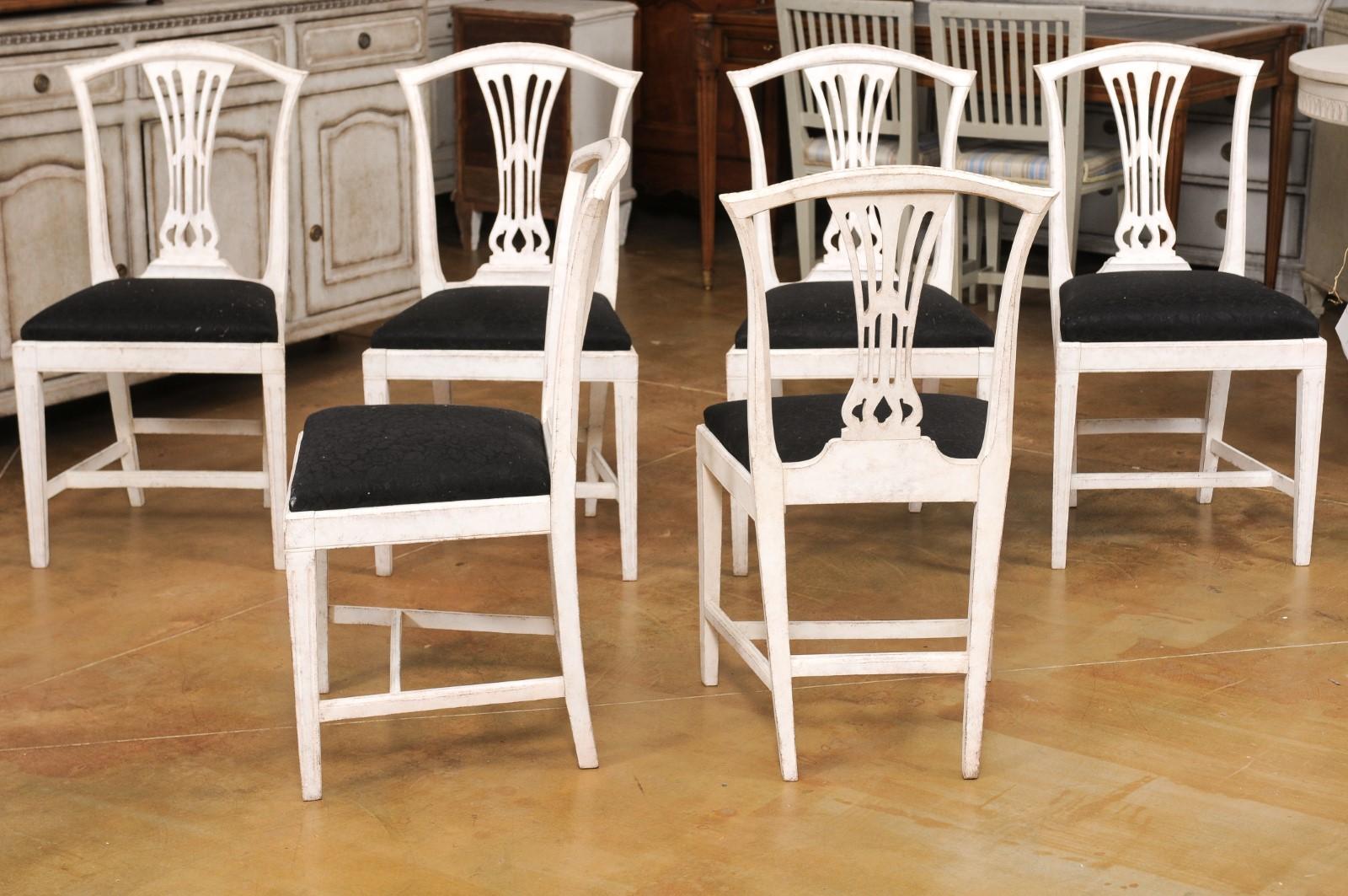 Set of Six Swedish 1890s Painted Wood Dining Room Side Chairs with Black Fabric 2