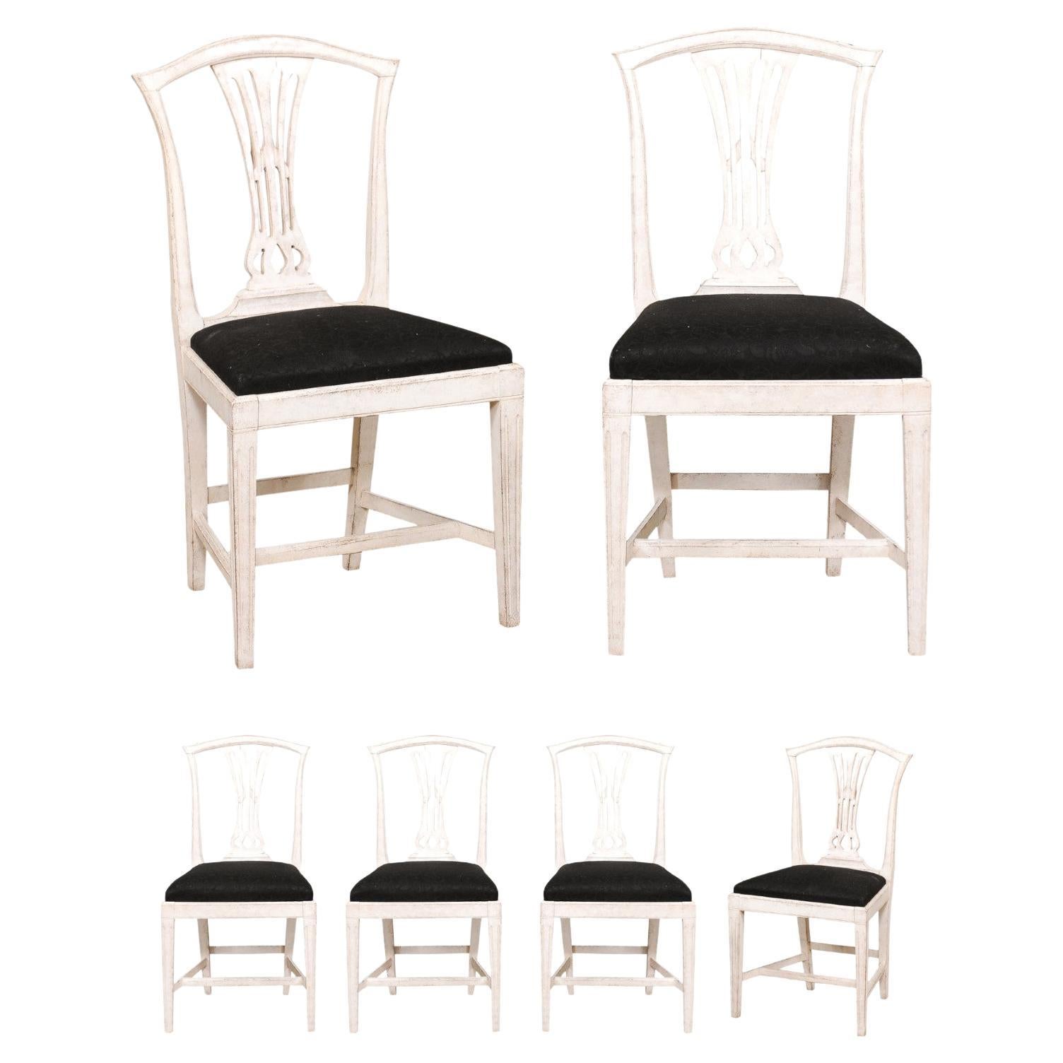 Set of Six Swedish 1890s Painted Wood Dining Room Side Chairs with Black Fabric For Sale
