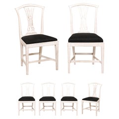 Antique Set of Six Swedish 1890s Painted Wood Dining Room Side Chairs with Black Fabric