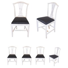 Set of Six Swedish 1890s Painted Wood Dining Room Side Chairs with Black Fabric