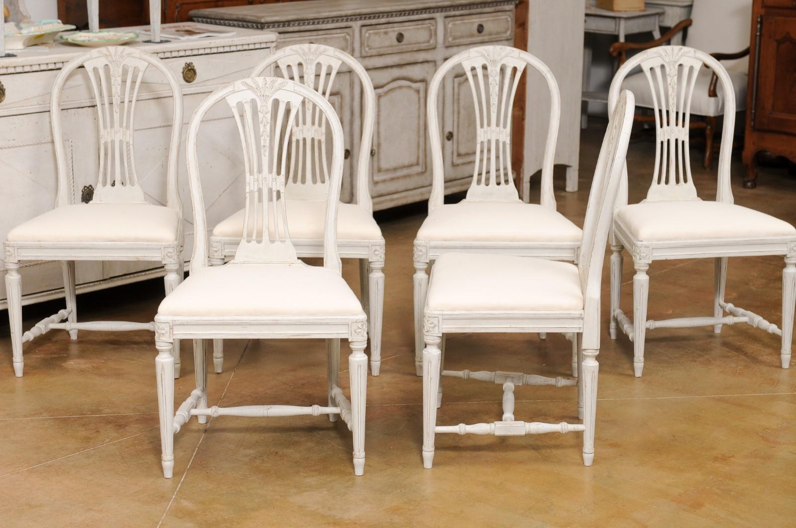 Set of Six Swedish 1900s Painted Wood Side Chairs with Foliage-Carved Backs 5