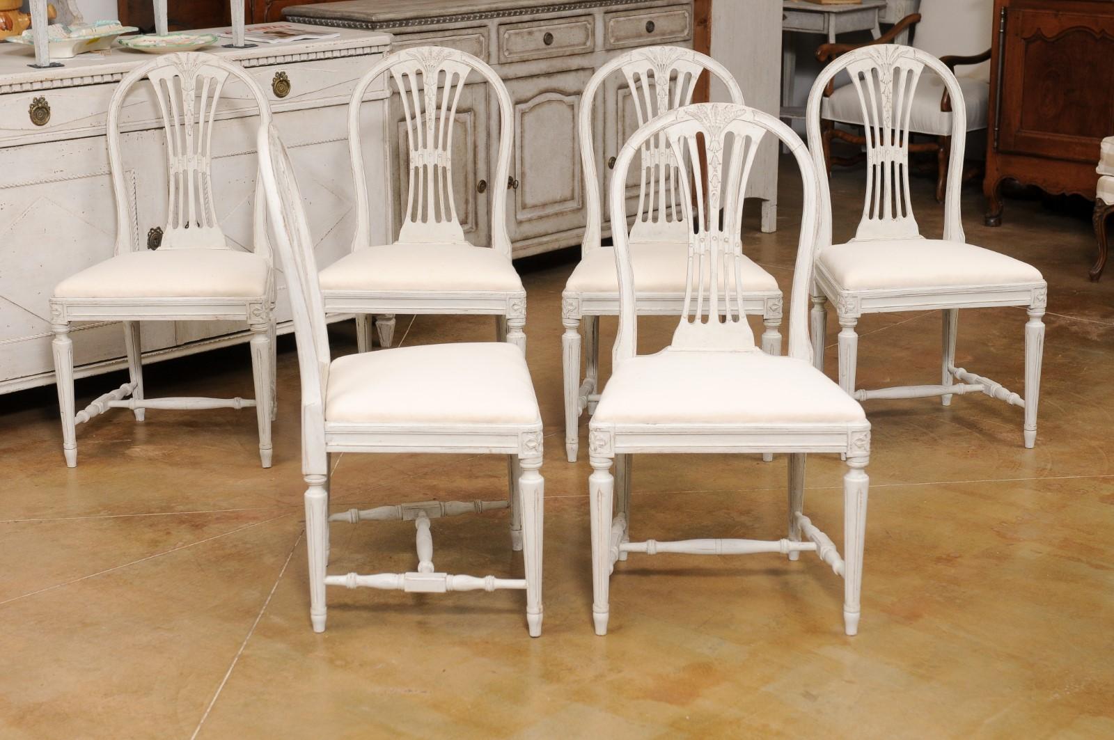 Upholstery Set of Six Swedish 1900s Painted Wood Side Chairs with Foliage-Carved Backs