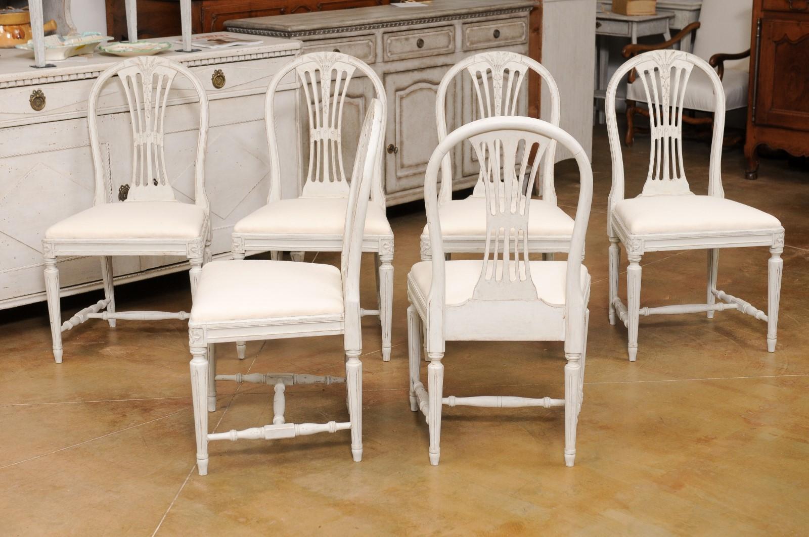 Set of Six Swedish 1900s Painted Wood Side Chairs with Foliage-Carved Backs 4