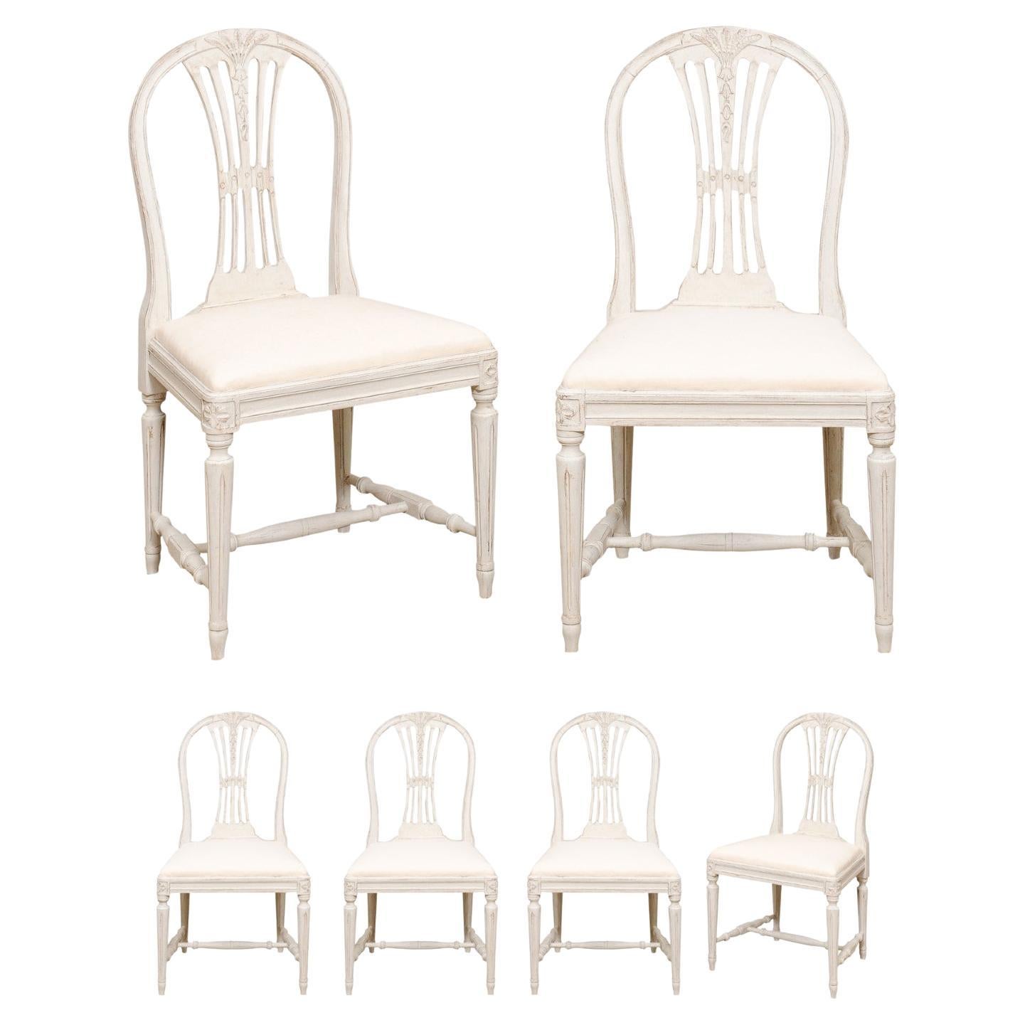 Set of Six Swedish 1900s Painted Wood Side Chairs with Foliage-Carved Backs