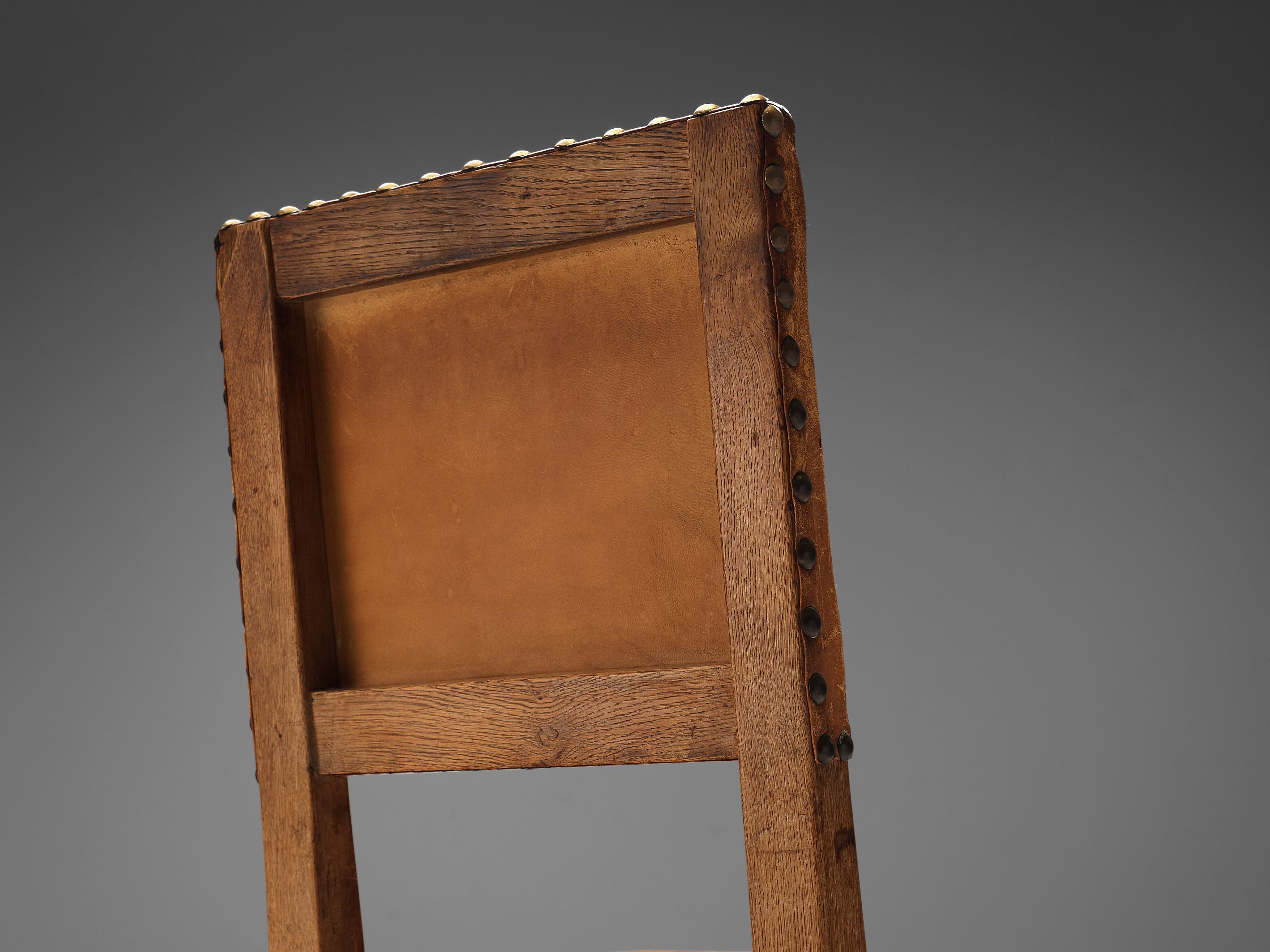 Set of Six Swedish Dining Chairs in Oak and Patinated Cognac Leather 4