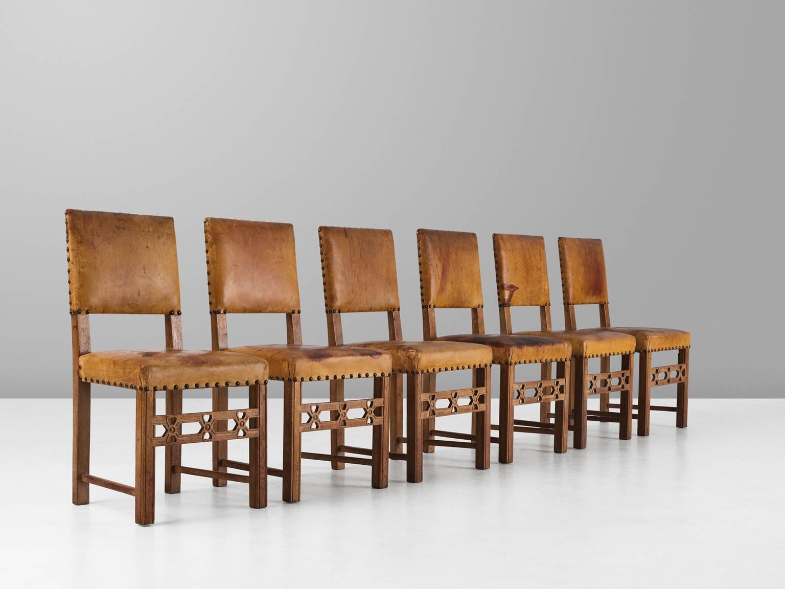 Art Deco Set of Six Swedish Dining Chairs in Oak and Patinated Cognac Leather