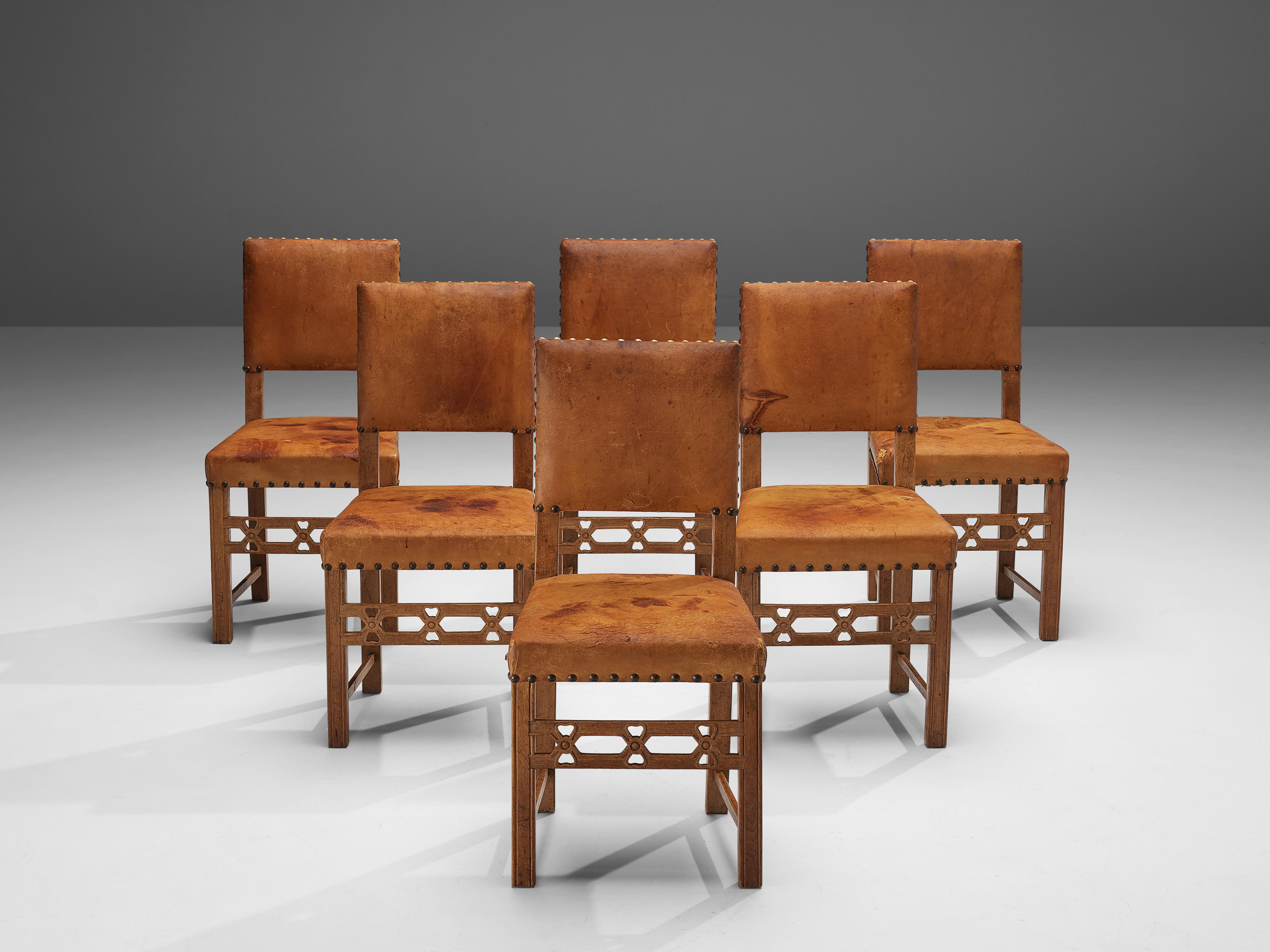 Set of Six Swedish Dining Chairs in Oak and Patinated Cognac Leather In Good Condition In Waalwijk, NL