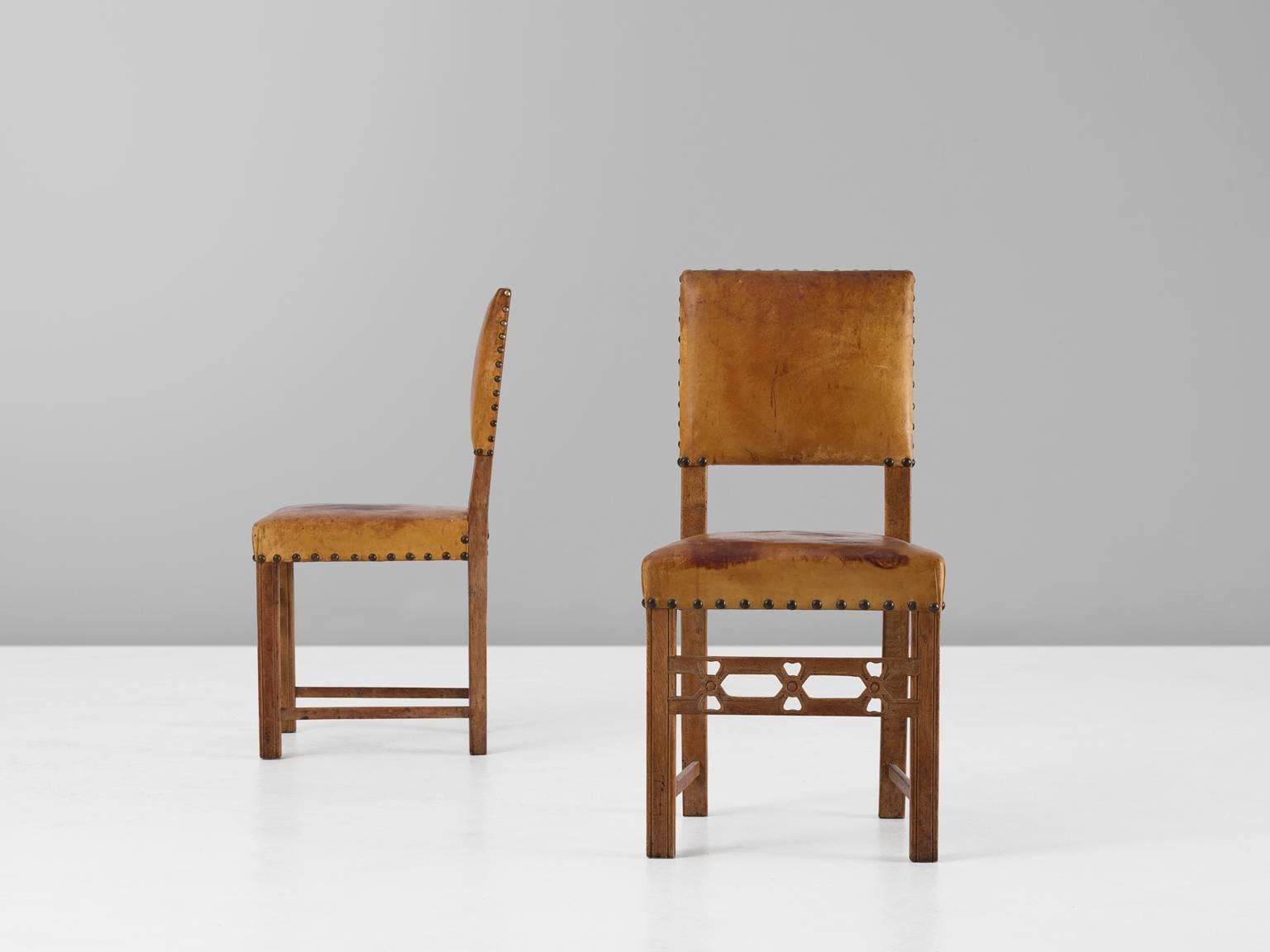 Mid-20th Century Set of Six Swedish Dining Chairs in Oak and Patinated Cognac Leather