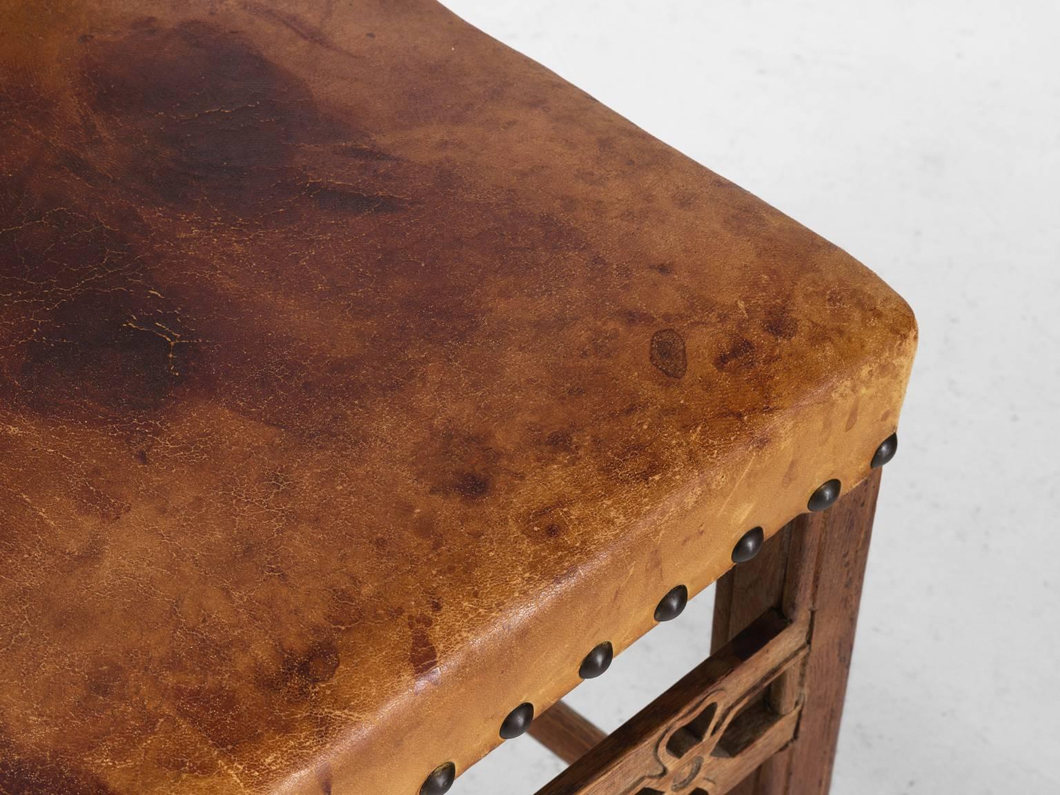 Set of Six Swedish Dining Chairs in Oak and Patinated Cognac Leather 1