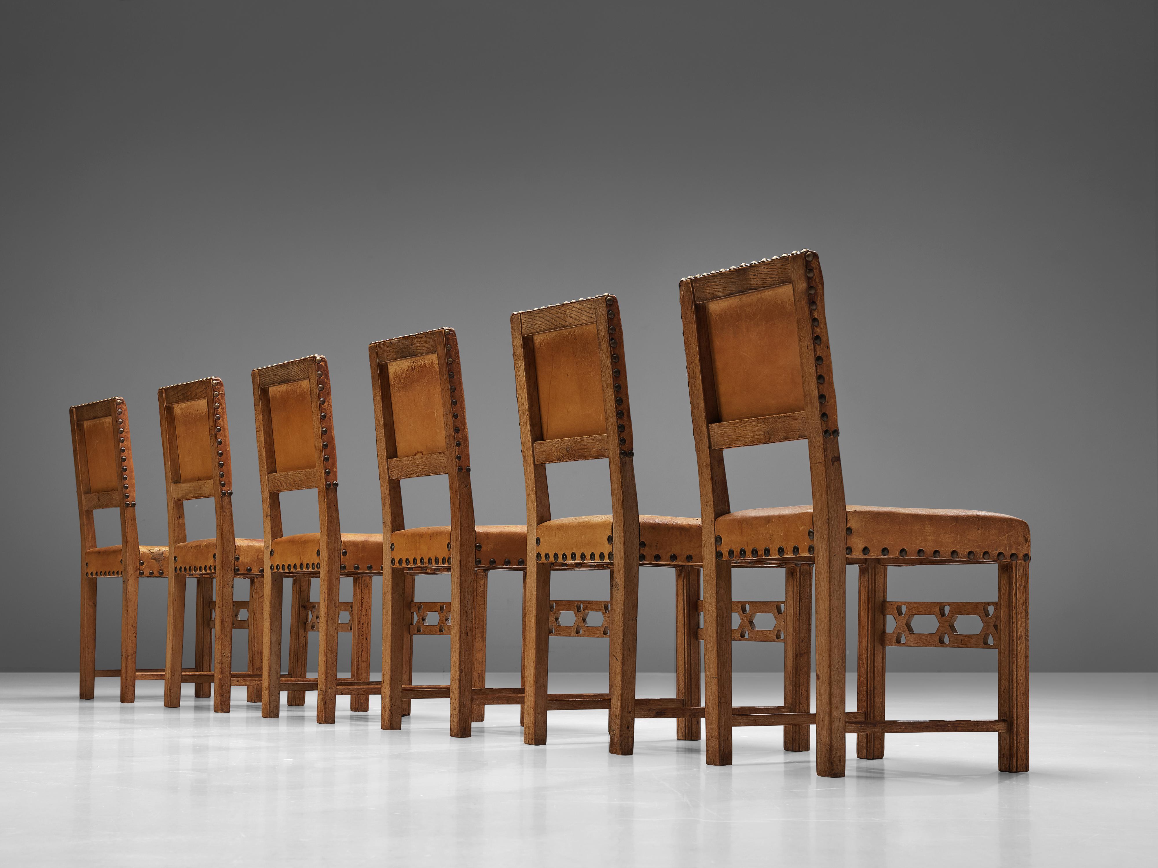 Brass Set of Six Swedish Dining Chairs in Oak and Patinated Cognac Leather