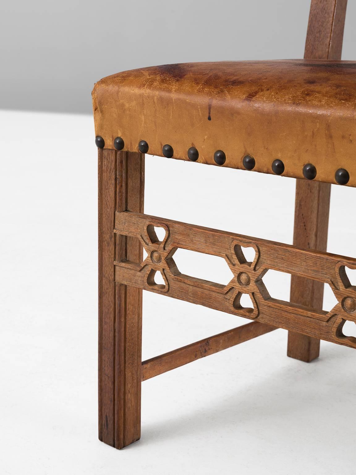 Set of Six Swedish Dining Chairs in Oak and Patinated Cognac Leather 2