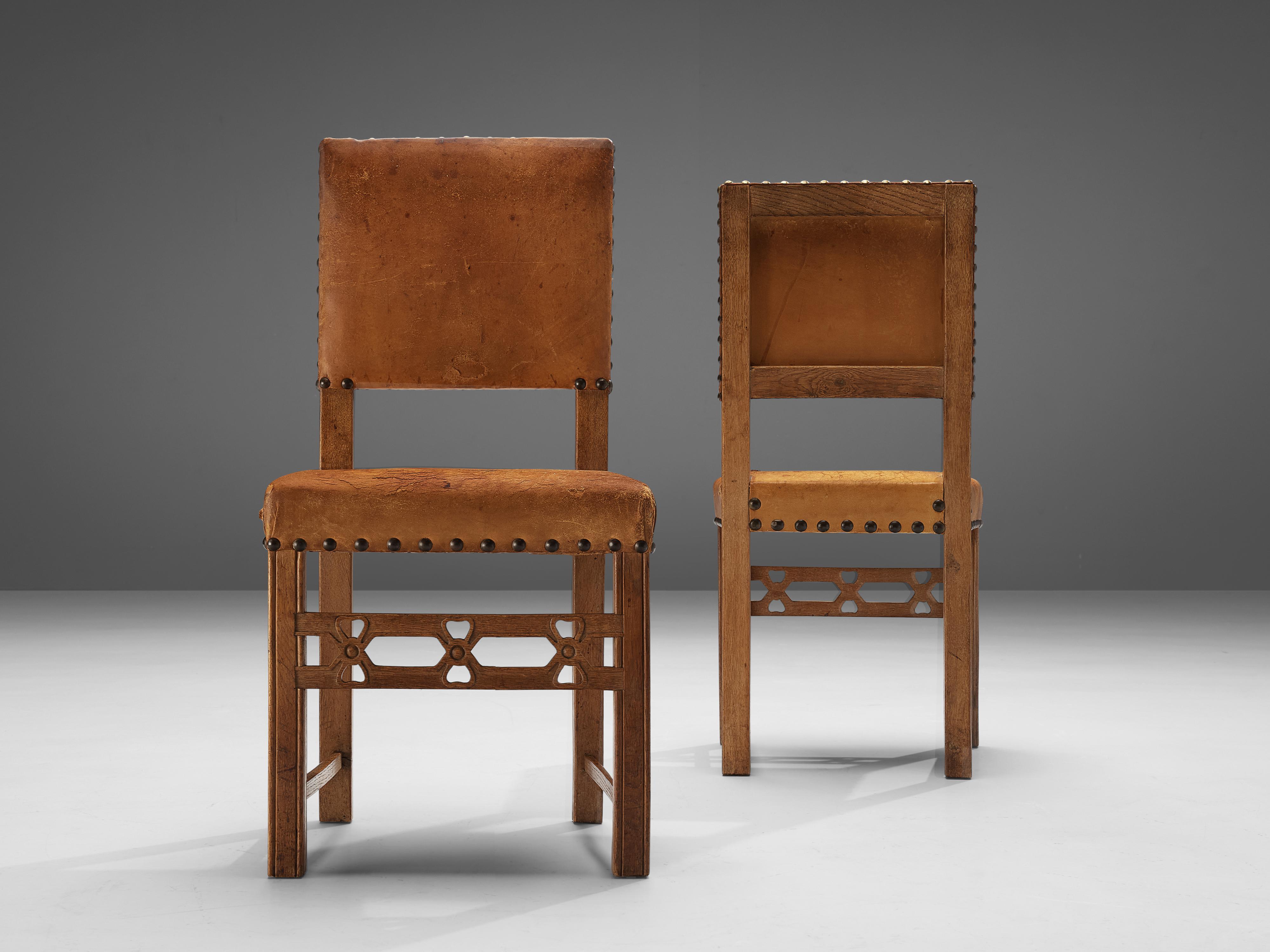 Set of Six Swedish Dining Chairs in Oak and Patinated Cognac Leather 1