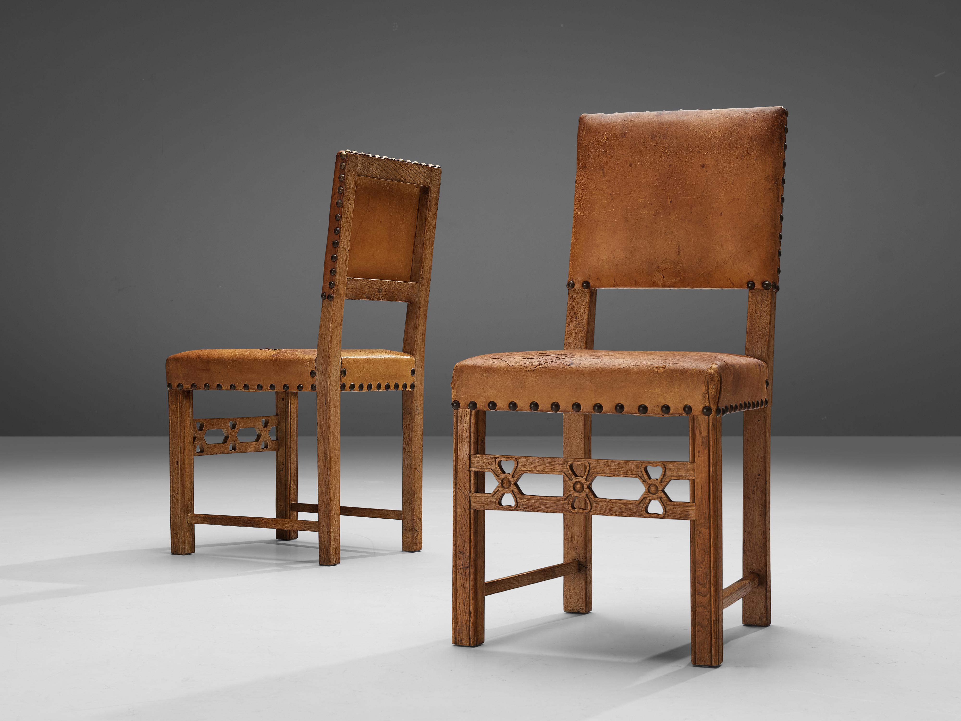 Set of Six Swedish Dining Chairs in Oak and Patinated Cognac Leather 3