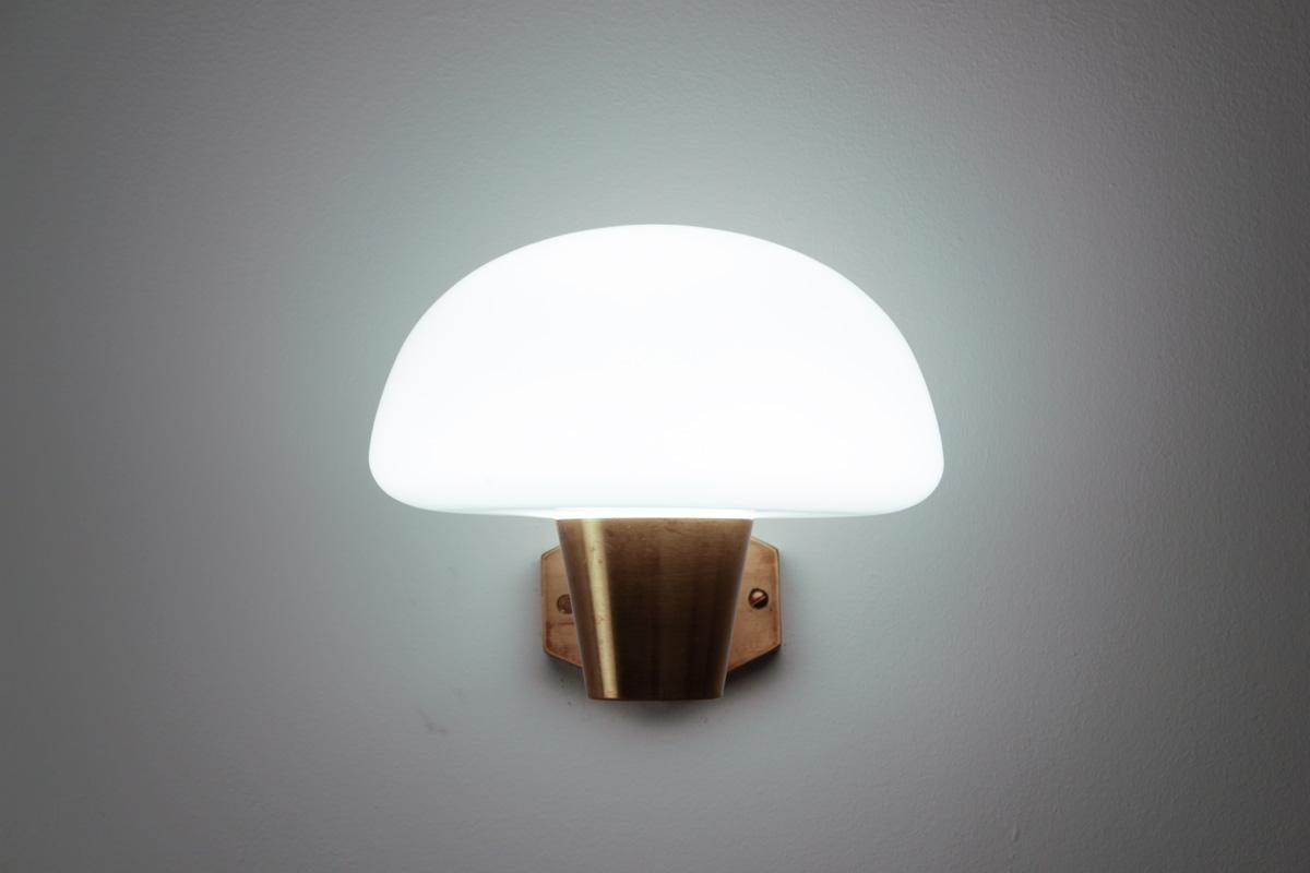 Mid-Century Modern Set of Six Swedish Midcentury Wall Lamps in Brass and Opaline Glass For Sale
