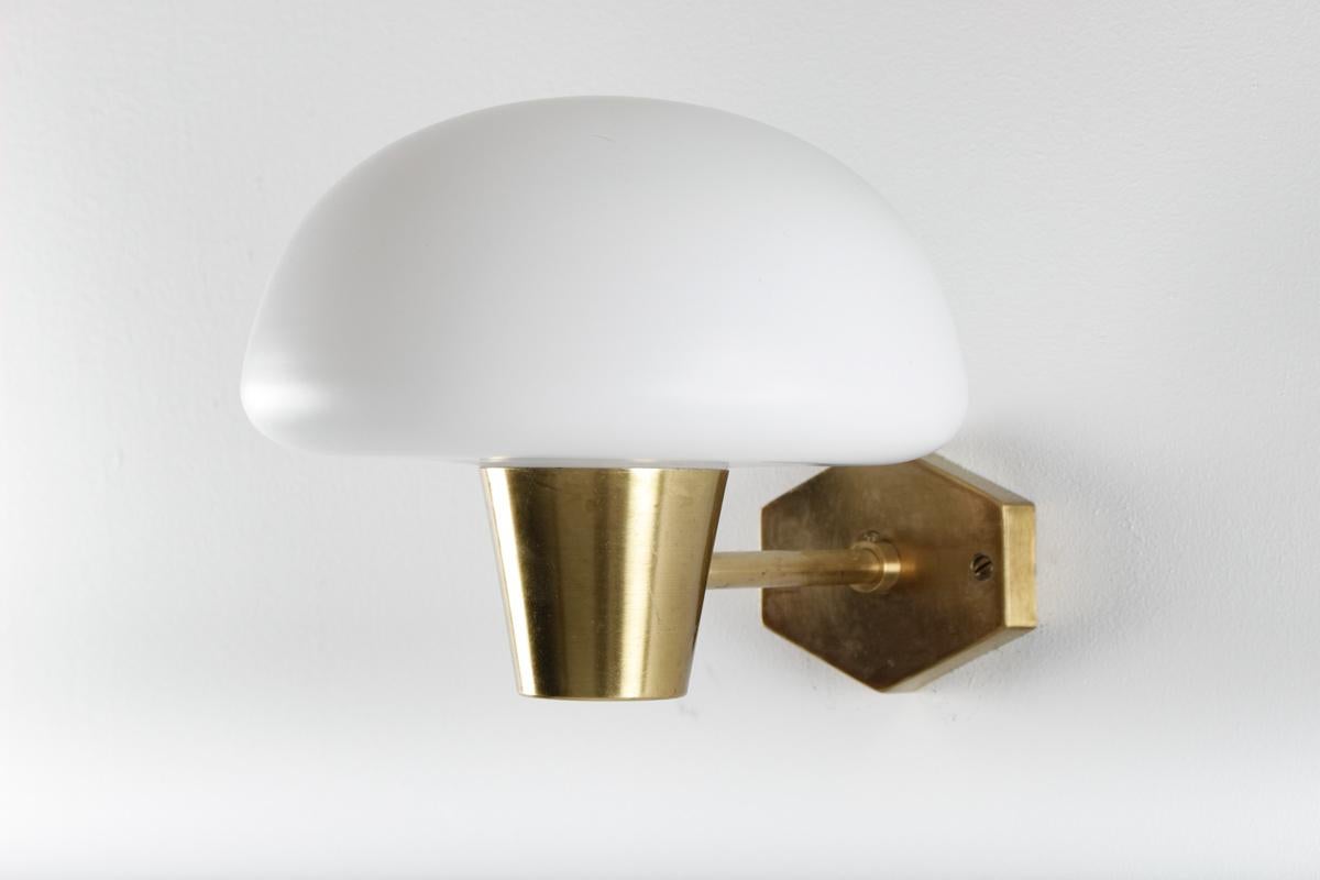 20th Century Set of Six Swedish Midcentury Wall Lamps in Brass and Opaline Glass For Sale