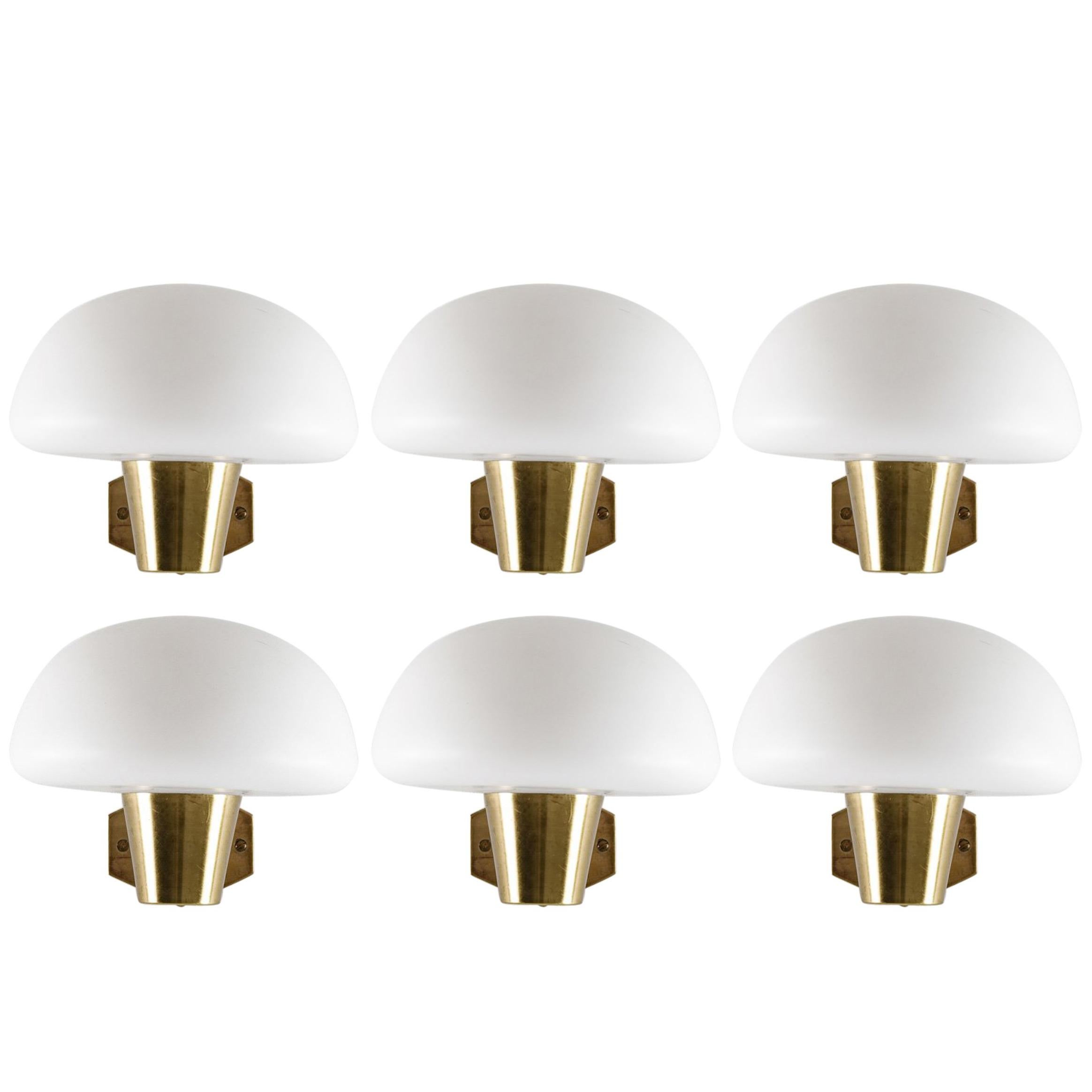 Set of Six Swedish Midcentury Wall Lamps in Brass and Opaline Glass For Sale