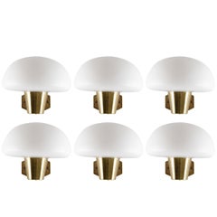 Set of Six Swedish Midcentury Wall Lamps in Brass and Opaline Glass