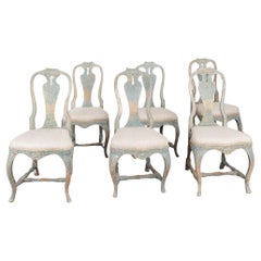 Antique Set of Six Swedish Rococo Blue Painted Dining Chairs, circa 1750-70