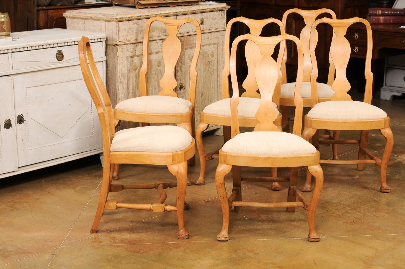 Upholstery Set of Six Swedish Rococo Style 1890s Dining Room Side Chairs with Carved Splats For Sale