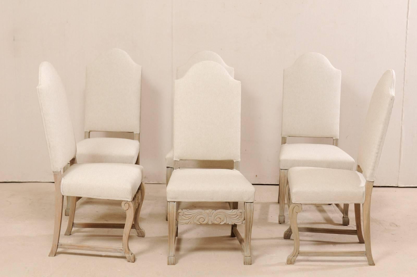 Carved A Swedish Set of 6 Upholstered & Wood Dining Side Chairs w/Arched Top-rail Backs