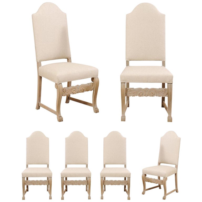Set Of Six Swedish Upholstered Vintage Pale Wood Side Dining