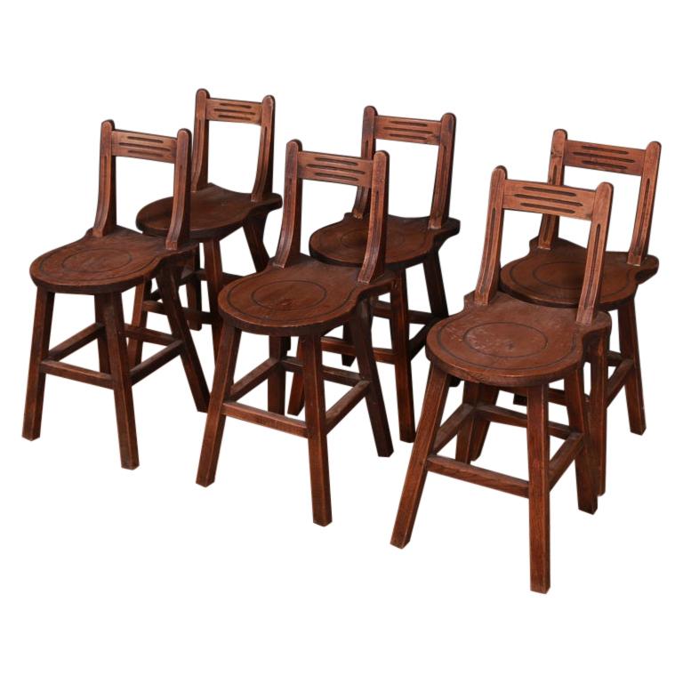 Set of Six Swiss Elm Back Stools For Sale