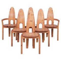 Set of Six Tall Danish Pine Mid-Century Dining Chairs