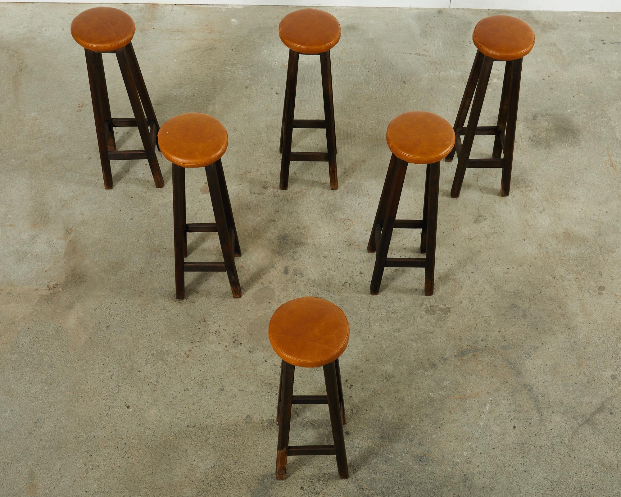 Hand-Crafted Set of Six Tall Matching Oak Pub Bar Stools For Sale