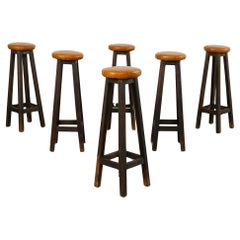 Vintage Set of Six Tall Matching Oak Pub Bar Stools