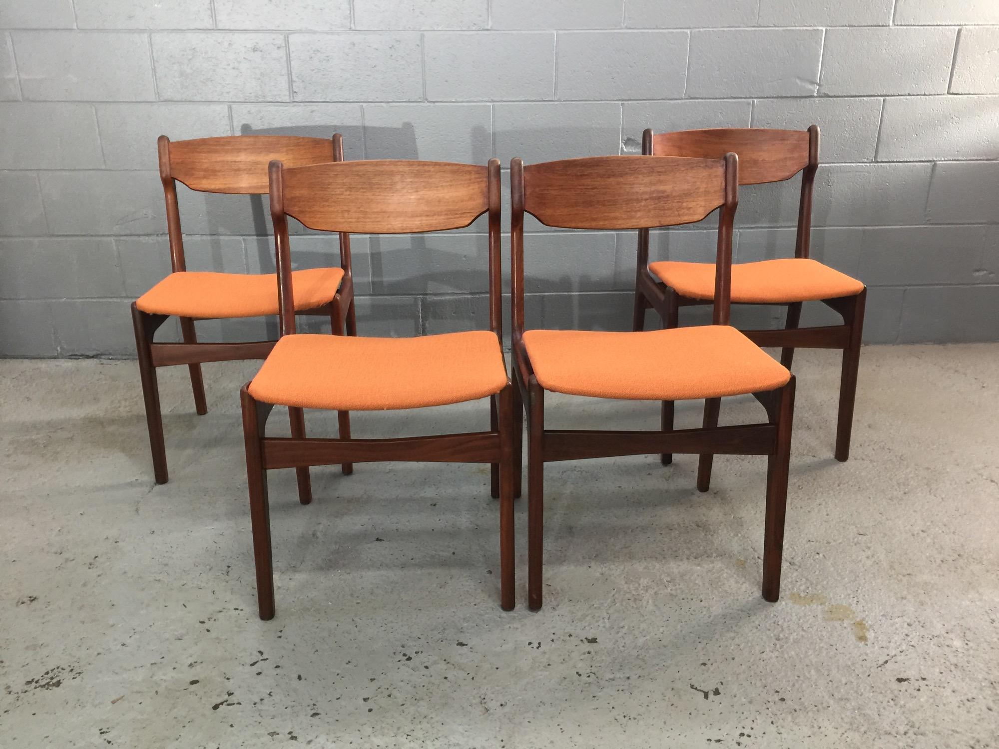 Mid-Century Modern Set of Six Teak and Orange Fabric Dining Chairs