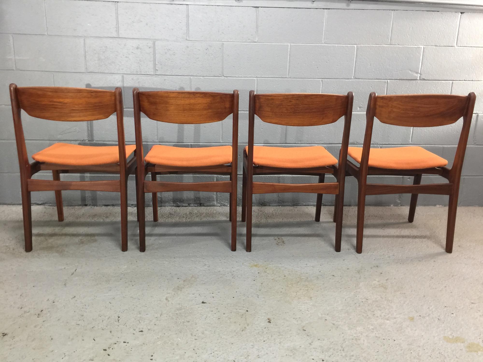 Wool Set of Six Teak and Orange Fabric Dining Chairs