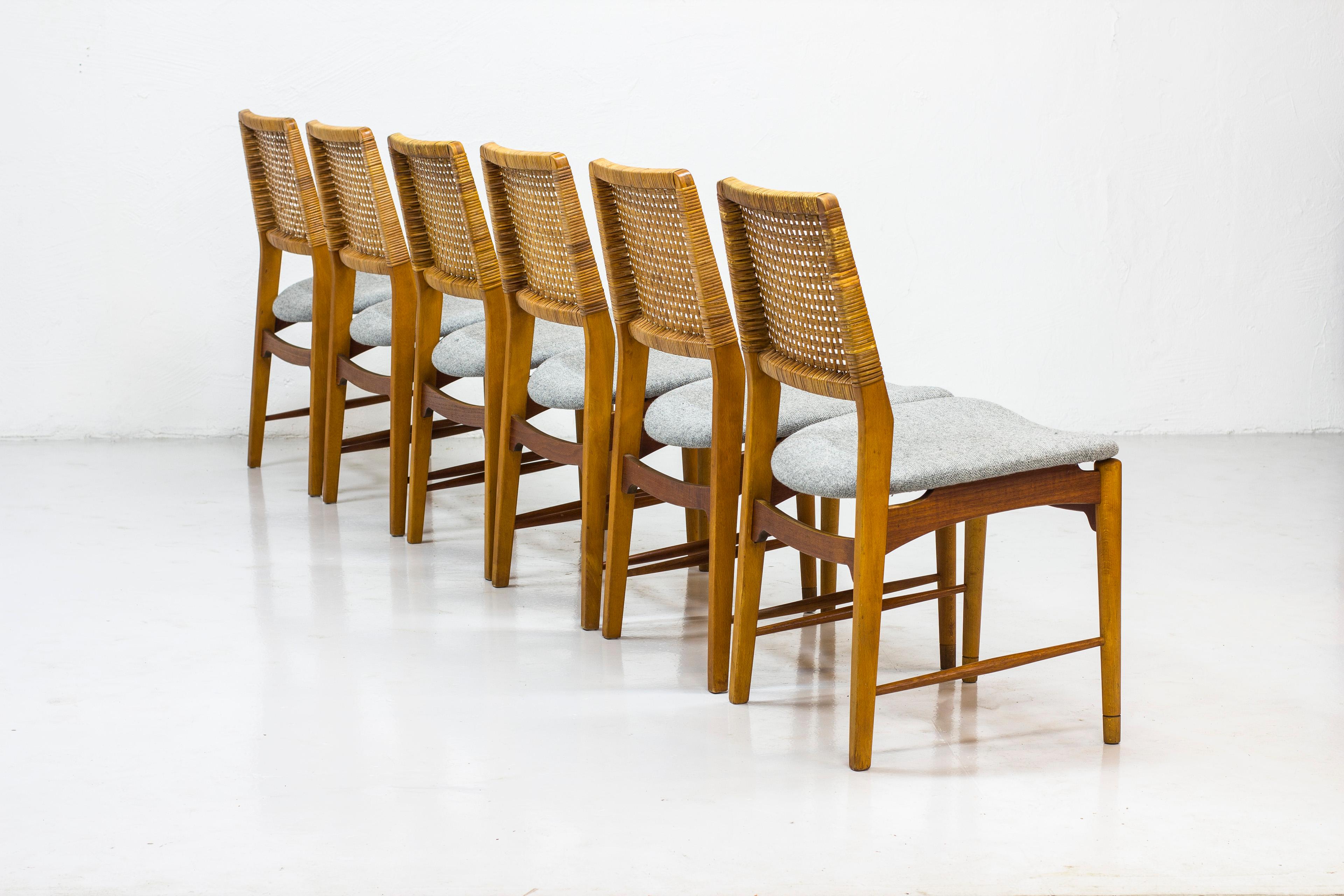 Scandinavian Modern Set of Six Teak and Rattan Dining Chairs by Alfred Sand, Norway, 1950s