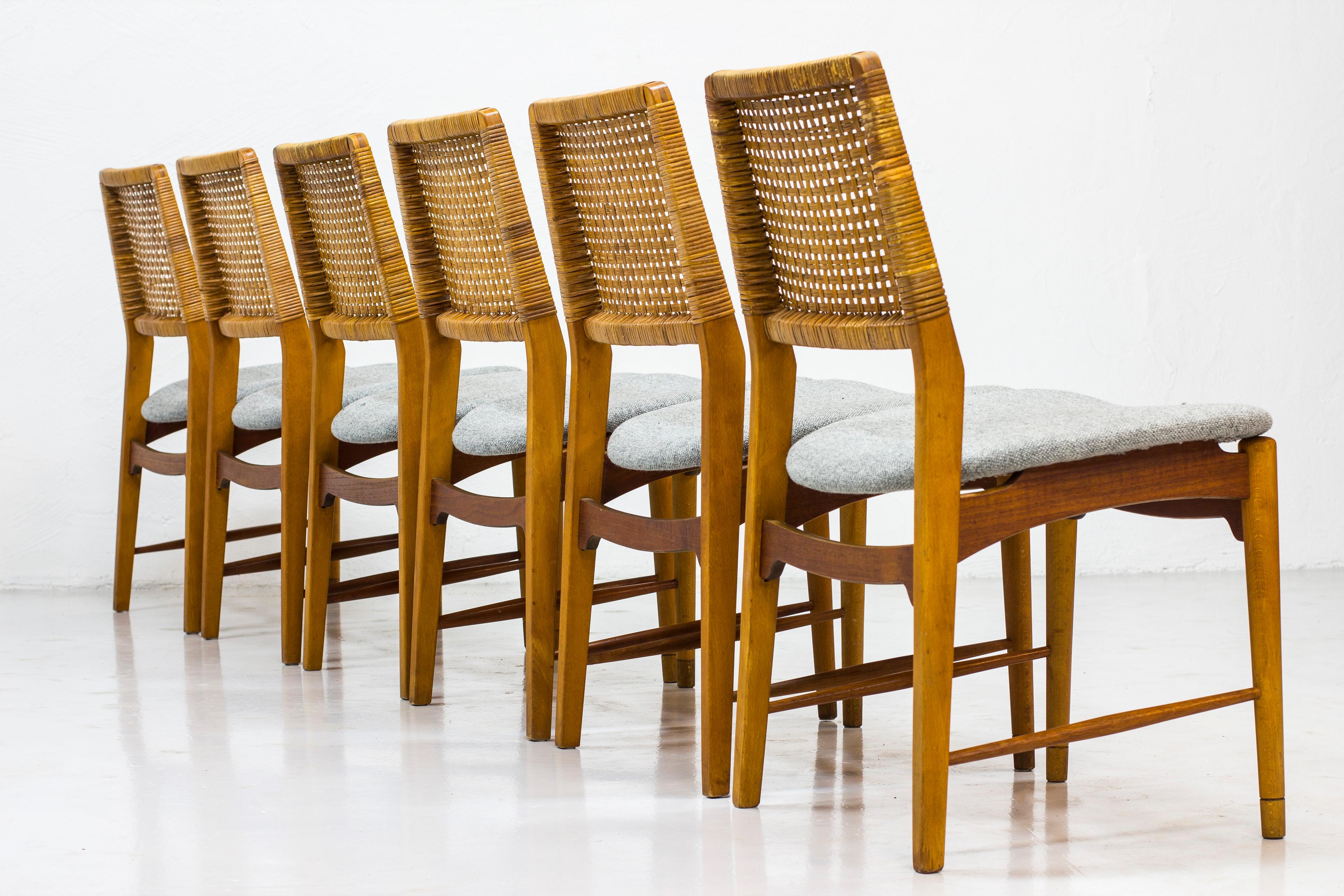 Norwegian Set of Six Teak and Rattan Dining Chairs by Alfred Sand, Norway, 1950s