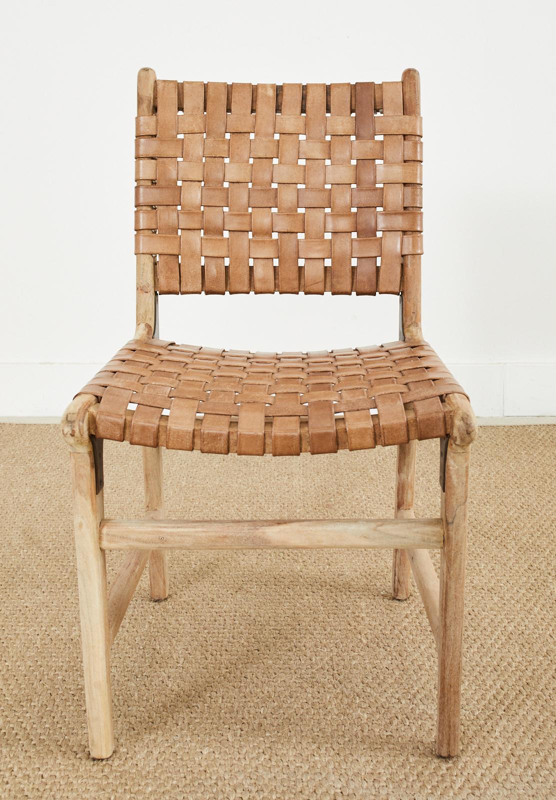Set of Six Teak and Woven Leather Strap Dining Chairs 8