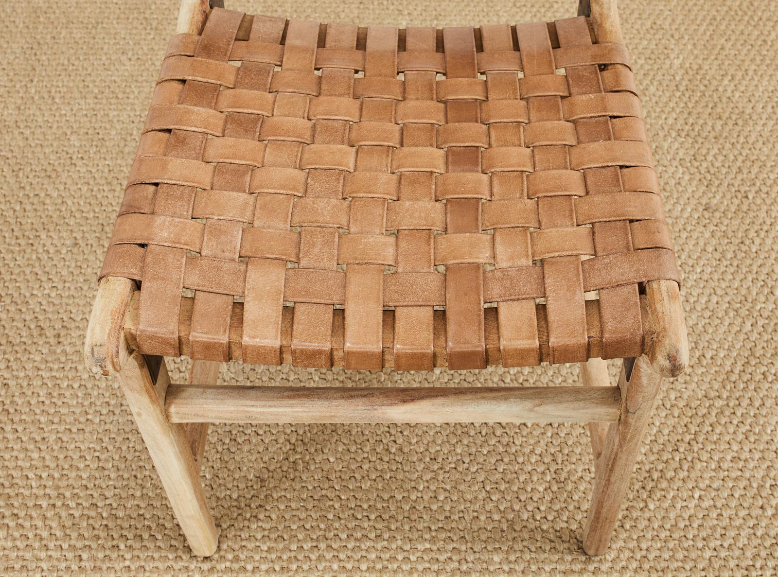 Set of Six Teak and Woven Leather Strap Dining Chairs 10