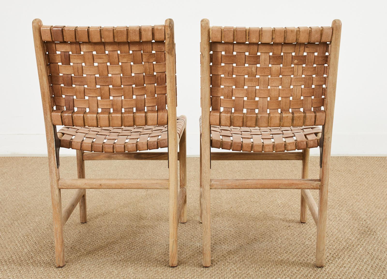 Set of Six Teak and Woven Leather Strap Dining Chairs 11
