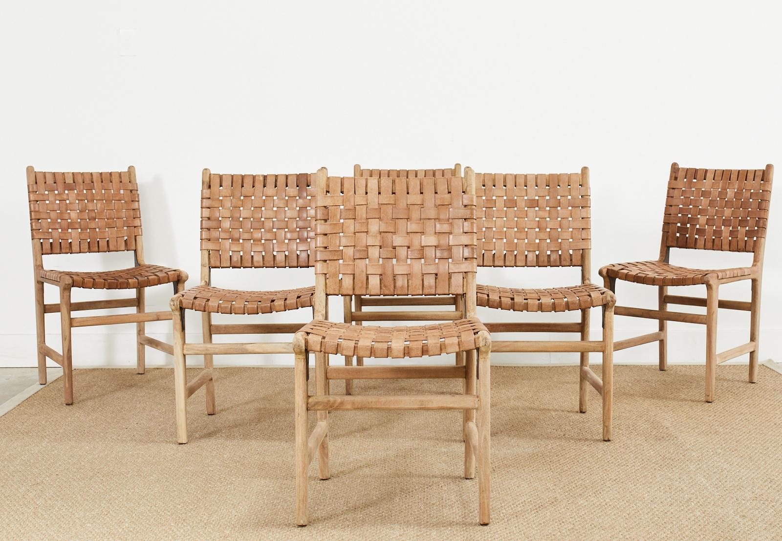 Organic Modern Set of Six Teak and Woven Leather Strap Dining Chairs