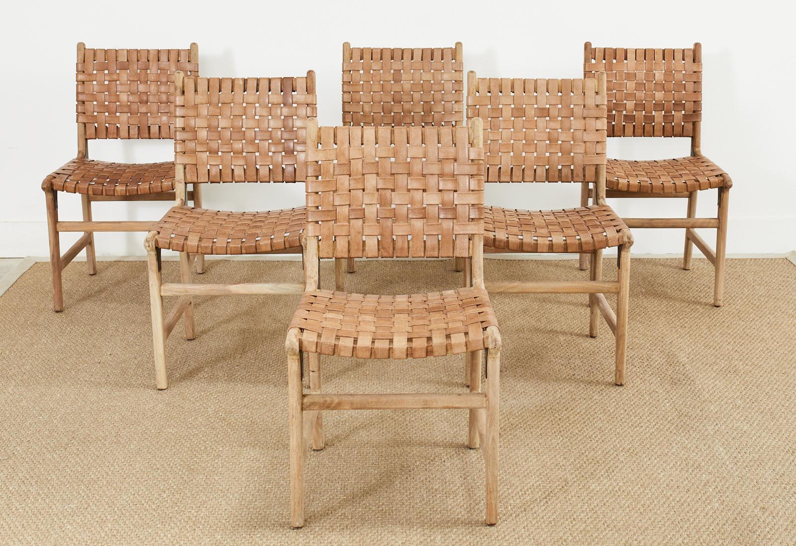 American Set of Six Teak and Woven Leather Strap Dining Chairs