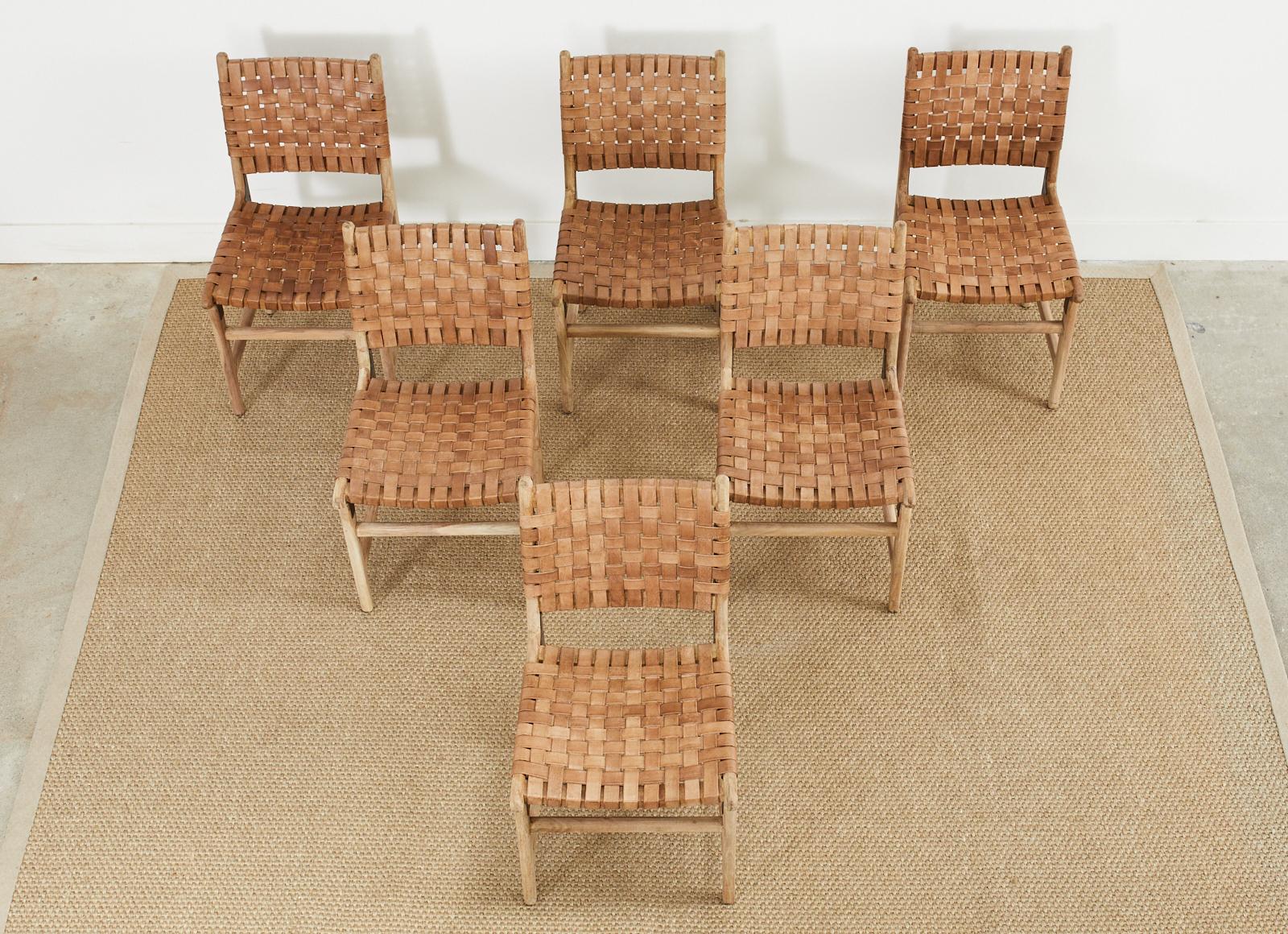Hand-Crafted Set of Six Teak and Woven Leather Strap Dining Chairs