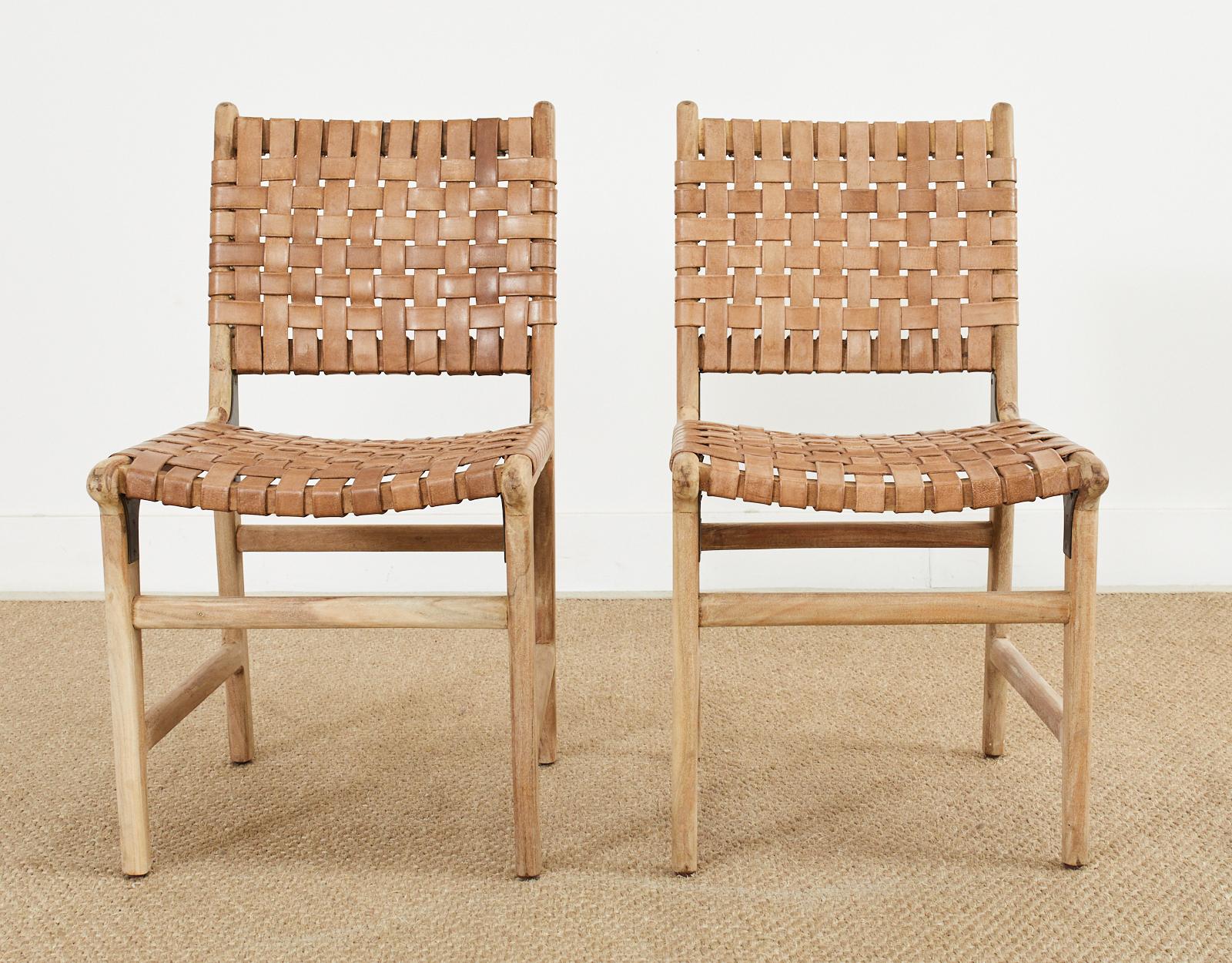 Set of Six Teak and Woven Leather Strap Dining Chairs In Distressed Condition In Rio Vista, CA