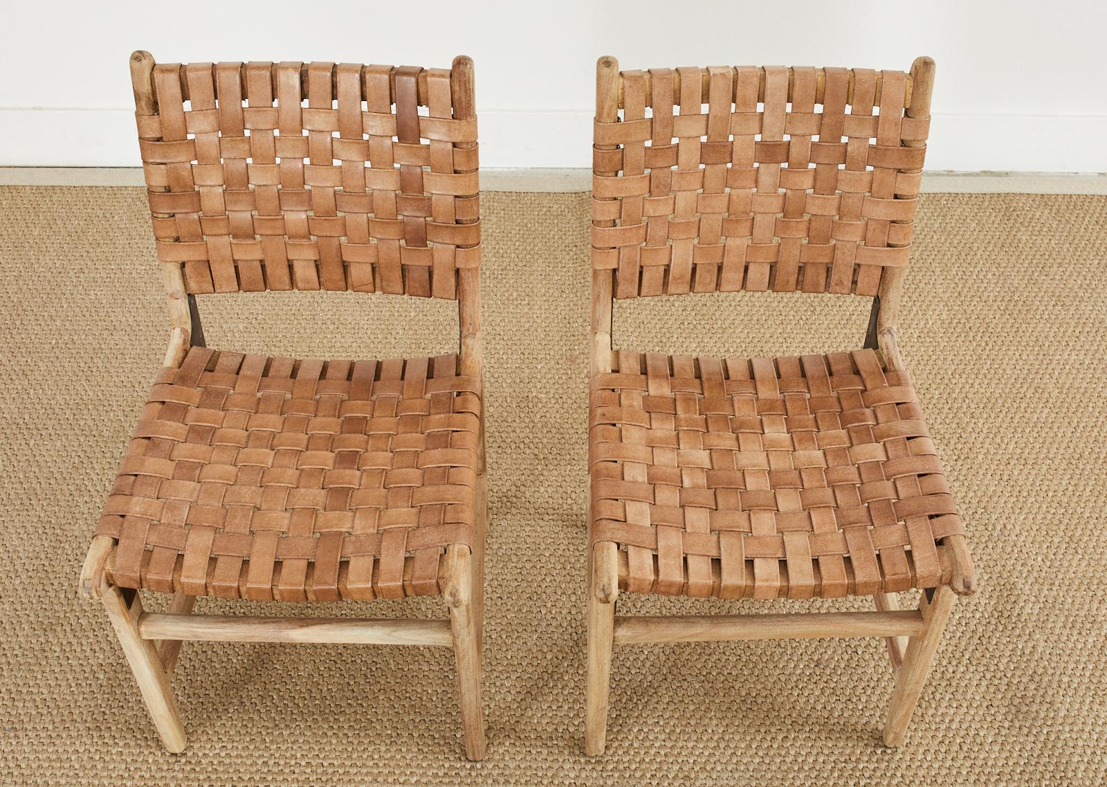 Contemporary Set of Six Teak and Woven Leather Strap Dining Chairs