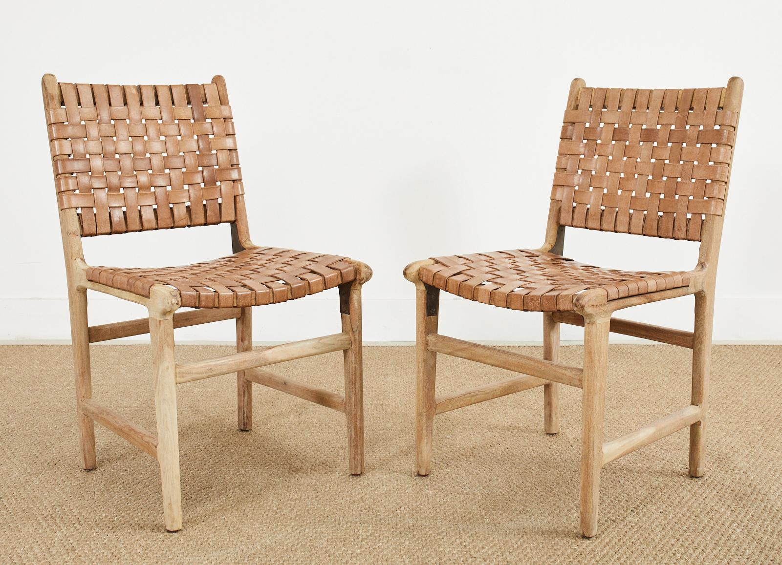 Set of Six Teak and Woven Leather Strap Dining Chairs 1