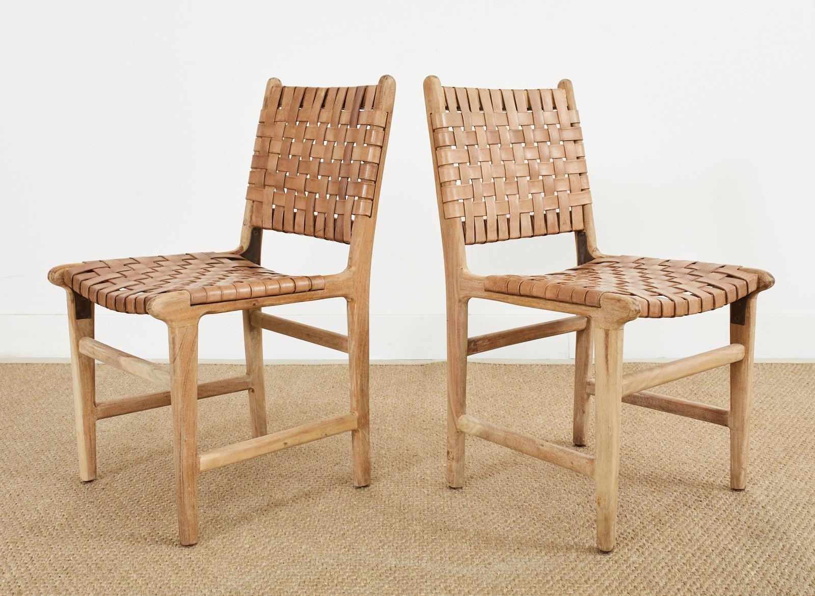Set of Six Teak and Woven Leather Strap Dining Chairs 2