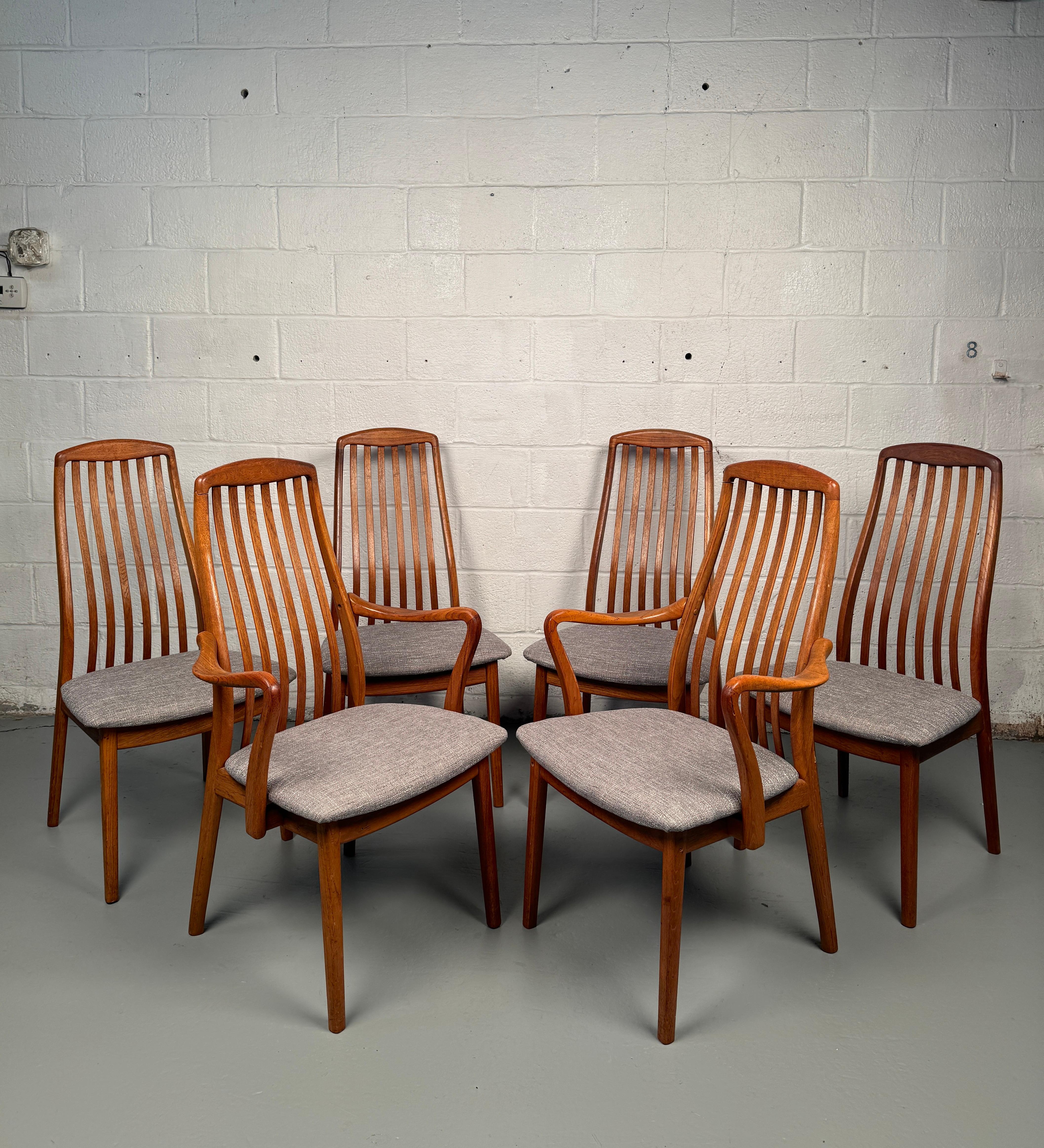 Set of Six Teak Danish Modern Dining Chairs by Preben Schou . These chairs are a masterclass in Danish modern design by Preben Schou, crafted for Schou Andersen Møbelfabrik. The tall, gently curved high-back slats mirror the natural flow of teak,
