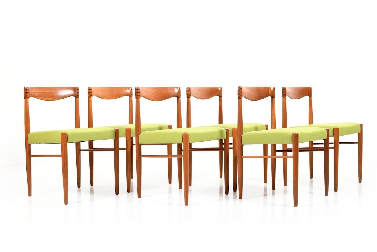 Set of six 1960s teak and rosewood dining chairs by Henry Walter Klein for Bramin Denmark. This set was new upholstery with green wool fabric by Kvadrat Denmark. The fabric is a original stuff from the 1960s. Like the chairs. Very nice condition and