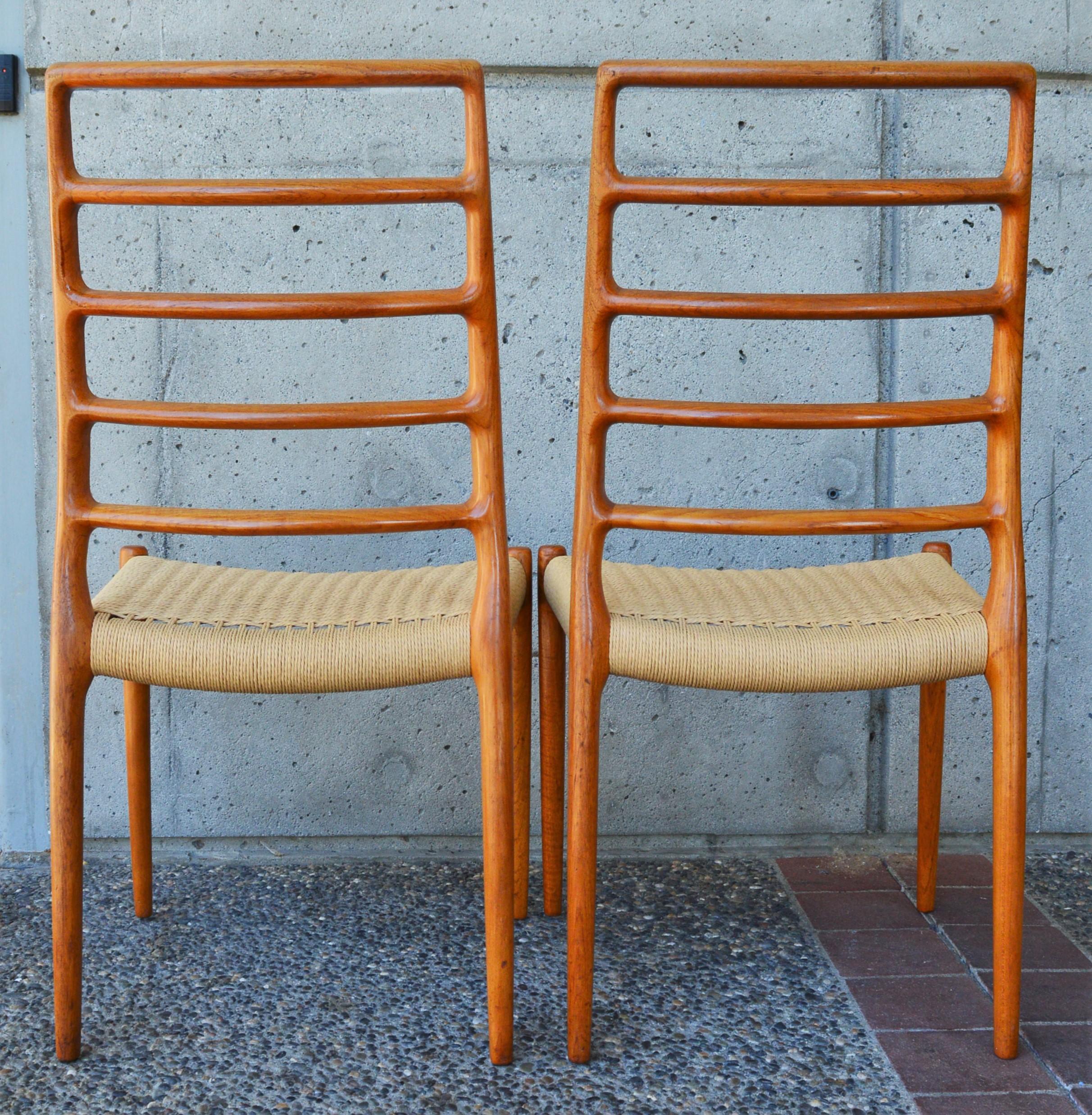 Danish Set of Six Teak Ladder Back NO Moller Dining Chairs Model 82, Newly Woven Serats For Sale