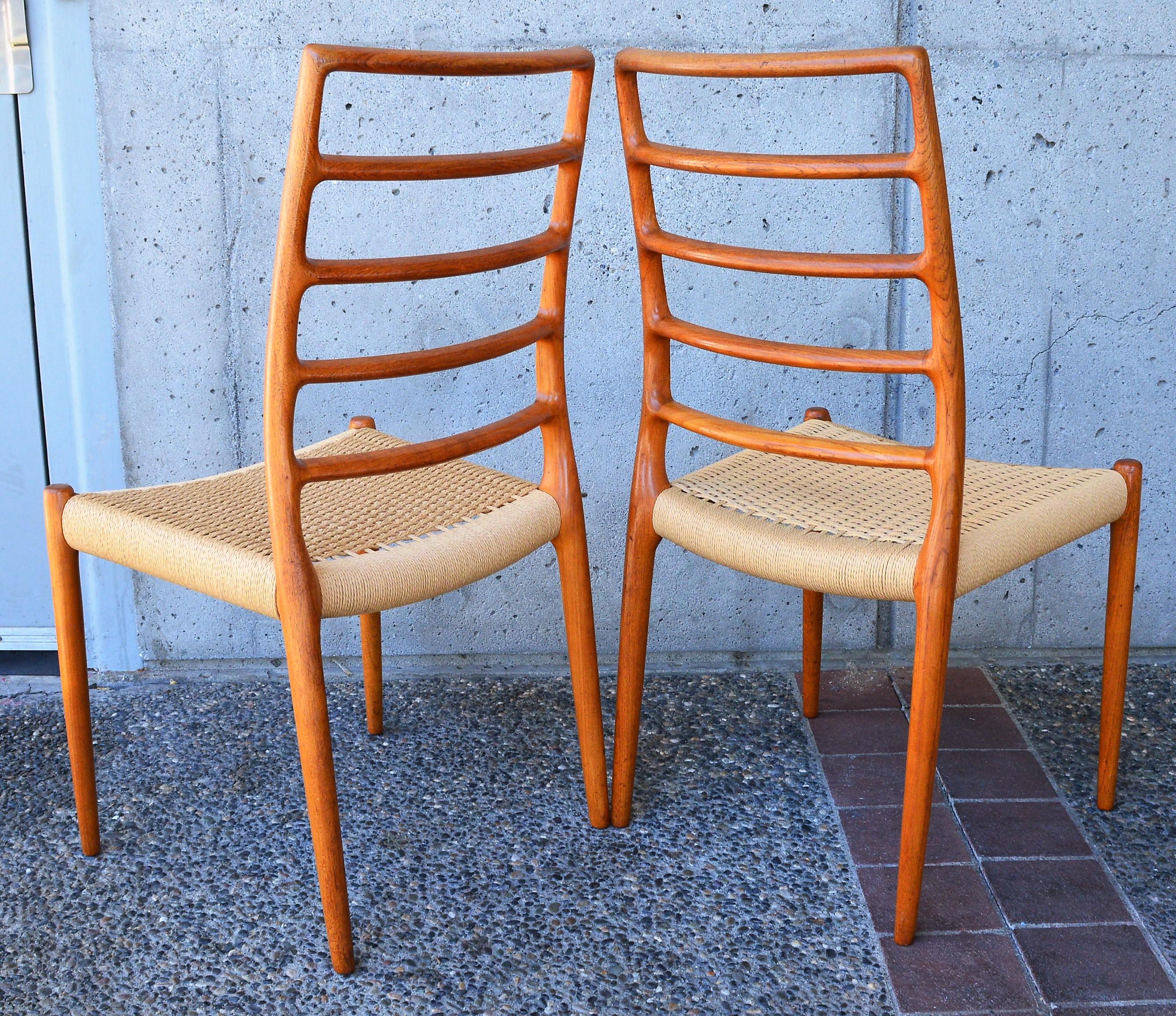 Papercord Set of Six Teak Ladder Back NO Moller Dining Chairs Model 82, Newly Woven Serats For Sale